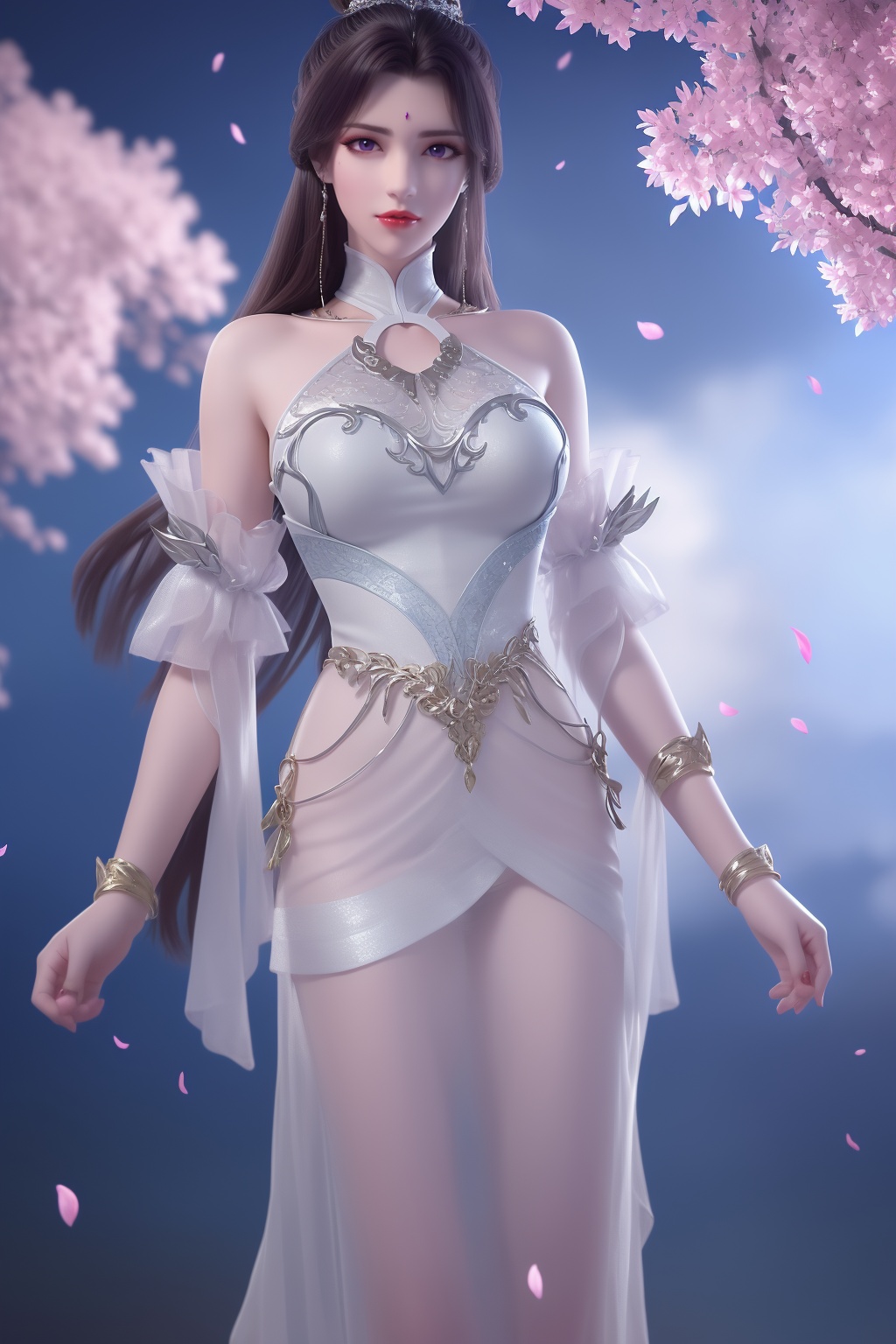 (8k, RAW photo, best_quality),(masterpiece:1.2),(realistic:1.2),(photorealistic:1.3),(ultra-detailed),(extremely_detailed_cg_8k_wallpaper),(crystal_texture_skin:1.3),(shiny:1.2),(shiny_skin:1.4),(extremely_delicate_and_beautiful),petals,flower,sky,cherry blossoms,falling petals,fair skin,shenfengYueChanZhuShen,1girl,solo,dress,chinese clothes,breasts,large breasts,red lips,hair bun,facial mark,forehead jewel,forehead mark,detached sleeves,clothing cutout,standing,jewelry,hair ornament,earring,necklace,realistic,looking at viewer,<lora:shenfengYueChanZhuShen_20240715220020-000004:0.7>,