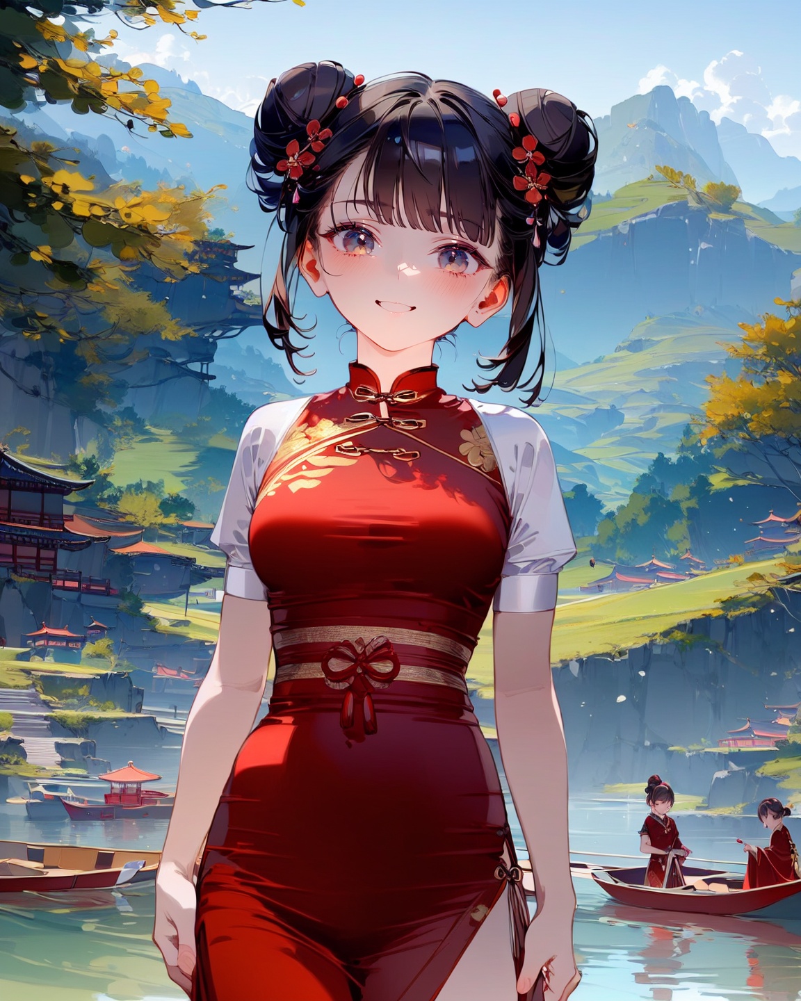 [yt rainxt],1 girl,cute,(12yo),big eyes,sweet smile,light blush,double bun hairstyle,traditional Chinese clothing,standing,Dragon Boat Festival theme,detailed background,realistic,ambient light,cinematic composition,HDR,Accent Lighting.,, masterpiece, best quality, masterpiece, best quality