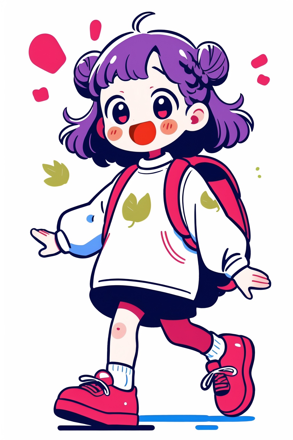 <lora:pencil style-7:0.8>,guchen, pencil style, chibi, 1girl, solo,, bow, bun, braid, smile, bag, open mouth, simple background, backpack, shoes, white background, red bow, blush, socks, walking, black eyes, full body, long sleeves, purple hair, trainers, white shoes and socks, white socks, jumper, colourful, purple eyes, large leaves