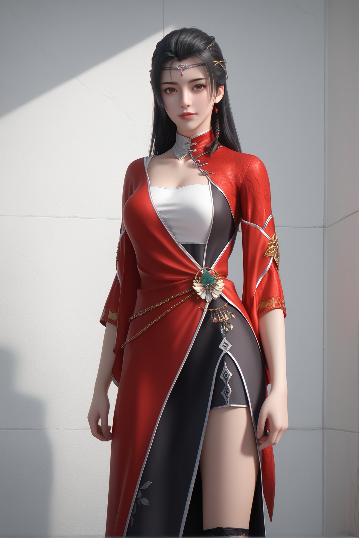 masterpiece,best quality,realistic,cinematic,detail eyes,(ultra-detailed),perfect composition,intricate details,absurdres,detailed face,high quality,high res,8K,<lora:X_liufengshuang_IL3.0s:0.8>,1girl,long hair,breast,medium breasts,hair_ornament,dress,black hair,brown eyes,red dress,asymmetric dress,knee boots,white wall,looking_at_viewer,cowboy_shot,