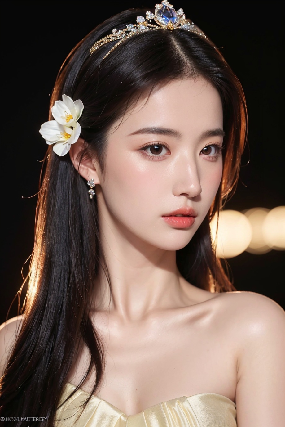 1girl, solo,(front view:1.2),(looking_at_viewer:1.4),(eye-contact:1.4),,black hair, long hair, jewelry, realistic, earrings, hair ornament, black eyes, lips, collarbone, parted lips, flower, watermark, upper body, portrait, hair flower, dress, web address, , <lora:YG红颜阁美女10:0.85>,