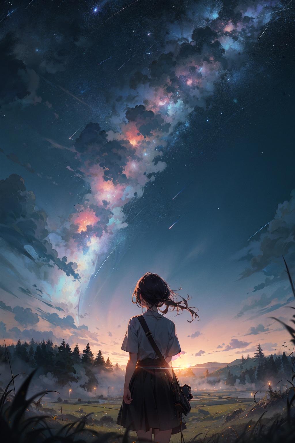 masterpiece,best quality,from behind,your name,1girl,solo,far away,silhouette,grass,nature,open field,landscape,night,shooting star,starry sky,