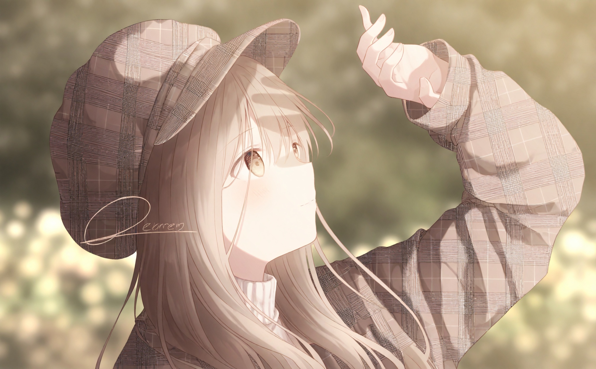 best, 1girl, solo, hat, plaid headwear, blurry background, blurry, long hair, looking up, sweater, brown eyes, plaid jacket, brown hair, arm up, long sleeves, turtleneck sweater, signature, closed mouth, plaid, turtleneck, depth of field, white sweater, brown jacket, jacket, upper body, outdoors, expressionless, cabbie hat, artist name, brown headwear, light brown hair, yellow eyes, shading eyes, hair between eyes, coat, hand up, brown coat, portrait, sleeves past wrists, grey headwear, sunlight, open clothes, looking afar, looking ahead, from side, bokeh, grey sweater, blush, blonde hair, light smile, reaching, ribbed sweater, <lora:lp42.e-000046:0.8>