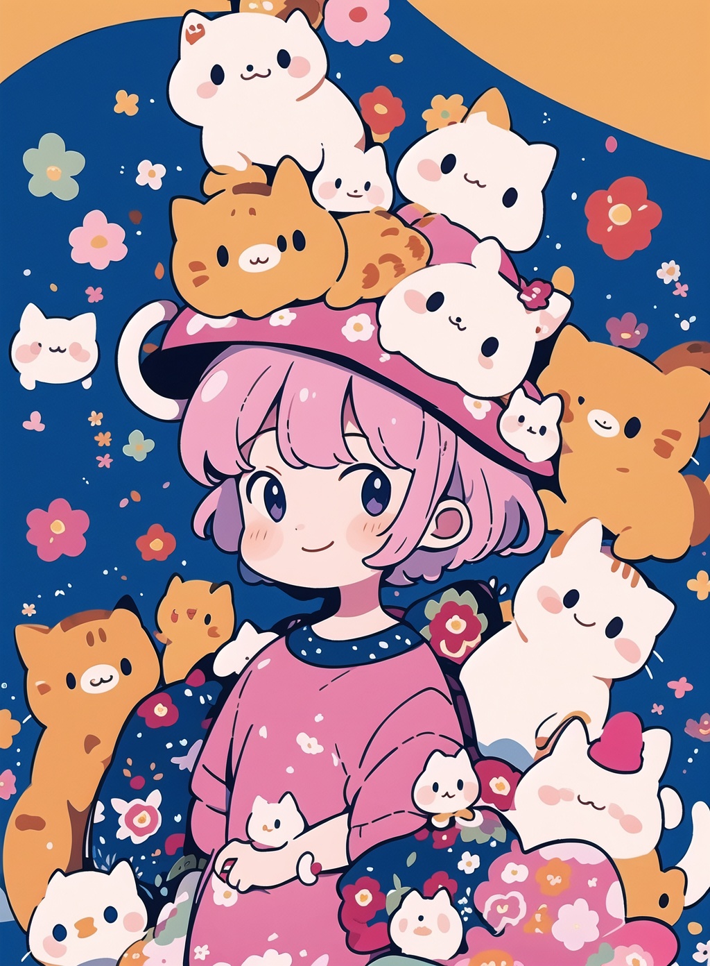 <lora:zgmaomao-000006:0.8>,1girl,zgmaomao,cat,smile,short sleeves,short hair,cat ears,solo,floral print,full-size photograph,pink t-shirt,pink hair,hat,cat_on_head,