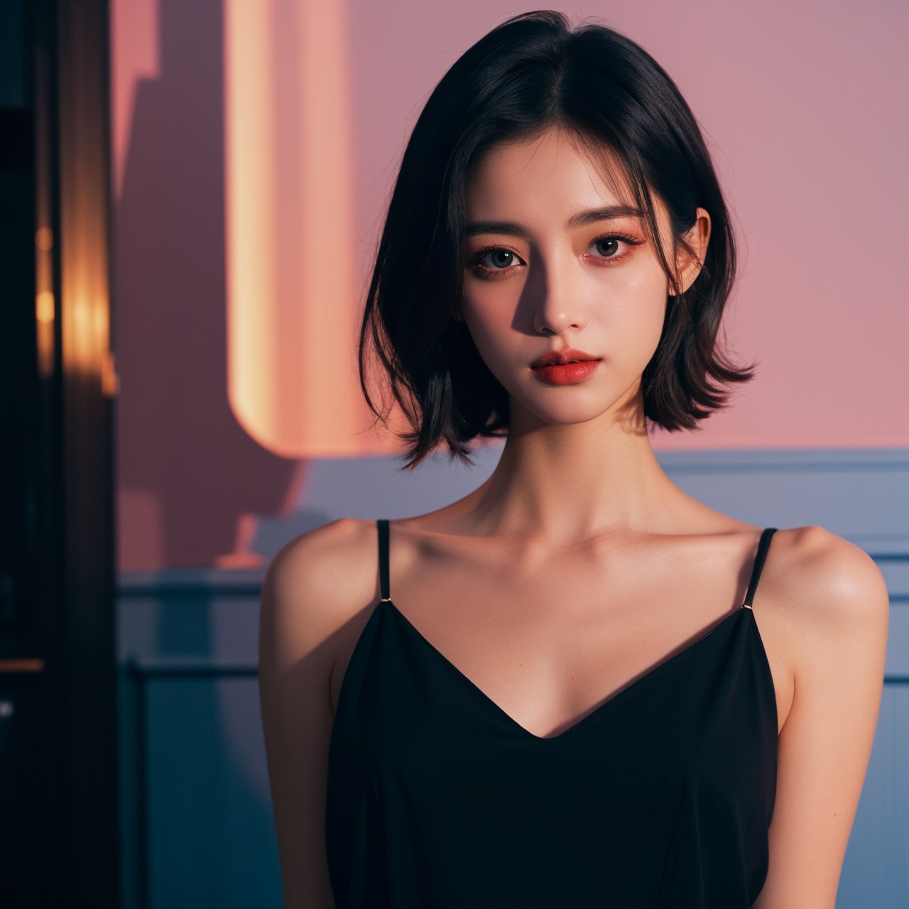 1girl,solo,black hair,realistic,Short Hair,lips,Black Dress,(indoors:1.1),(Light pollution,pink light,blue light:1.1),Upper Body,