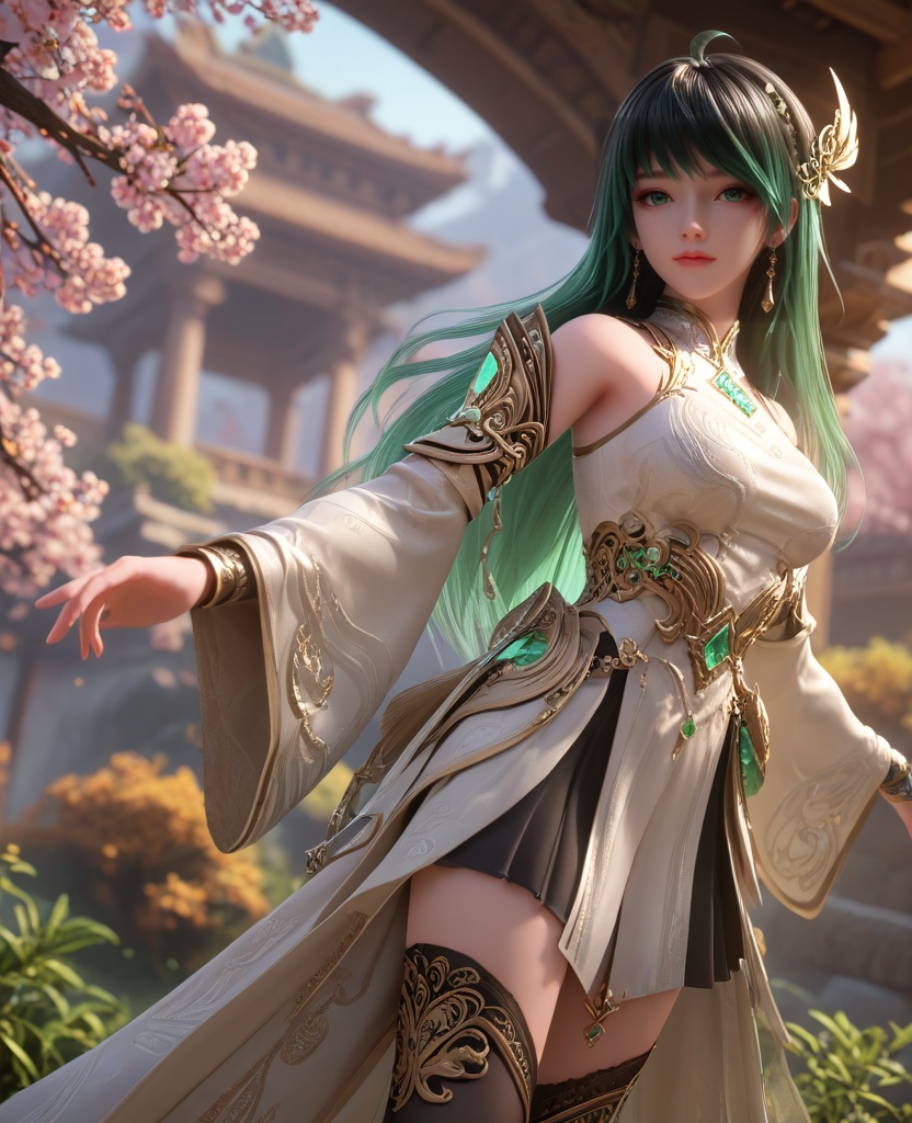 (oriental architecture, elegant decor, sophisticated style:1.1),(outstretched arm:1.1),(breasts:1.2),<lora:XL16克金玩家林紫玥新手村:0.95>,miss linziyue,white corset top with coattails,black miniskirt,green eyes,aqua ombre hair,very long hair,hair ornament,jewelry,earrings,detached sleeves,black thighhighs,, score_9,score_8_up,score_7_up,score_6_up,score_5_up,score_4_up,3d rendering,tag1,tag2, Cinematic Lighting,backlighting,, zPDXL3, zPDXL2,zPDXL, zPDXLxxx, zPDXLrl,