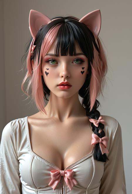 Dystopian style Minko,  1girl, solo, long hair, breasts, bangs, black hair, bow, animal ears, cleavage, medium breasts, green eyes, upper body, pink hair, braid, hair bow, heart, multicolored hair, cat ears, blunt bangs, two-tone hair, lips, makeup, facial mark, lipstick, eyeshadow, personification, split-color hair, <lora:Minko:1> Minko <lora:Coll-Short-Hair:1> coll-short-hair . Bleak, post-apocalyptic, somber, dramatic, highly detailed