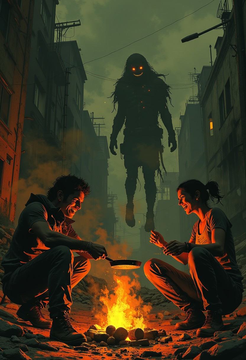 side view of a couple wearing ragged clothes sitting by a makeshift campfire in a post-apocalyptic city,  one of them hold...