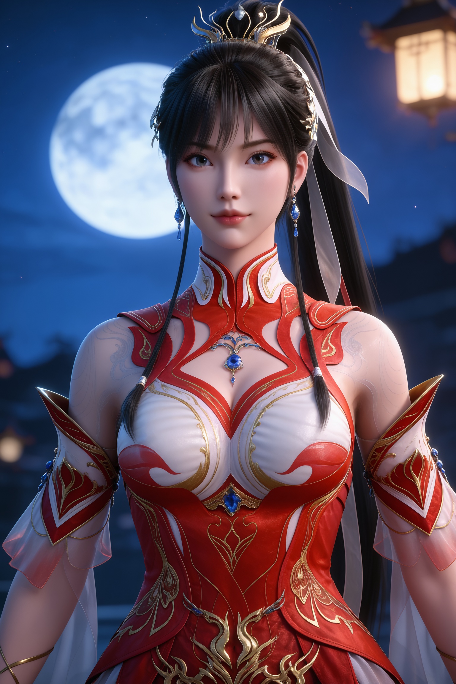 <lora:武动乾坤-应欢欢pony:0.7>,1girl,long hair,black hair,hair ornament,earrings,ponytail,red dress,chinese clothes,detached sleeves,cleavage cutout,bare legs,red footwear,, 1girl,solo,shiny,shiny_hair,upper_body,fair_skin,white_skin,shiny_skin,shiny,Ivory_skin,looking at viewer,cinematic lighting,volumetric lighting,solo focus,blurry background,depth of field,night,sky,night sky,full moon,moonlight,