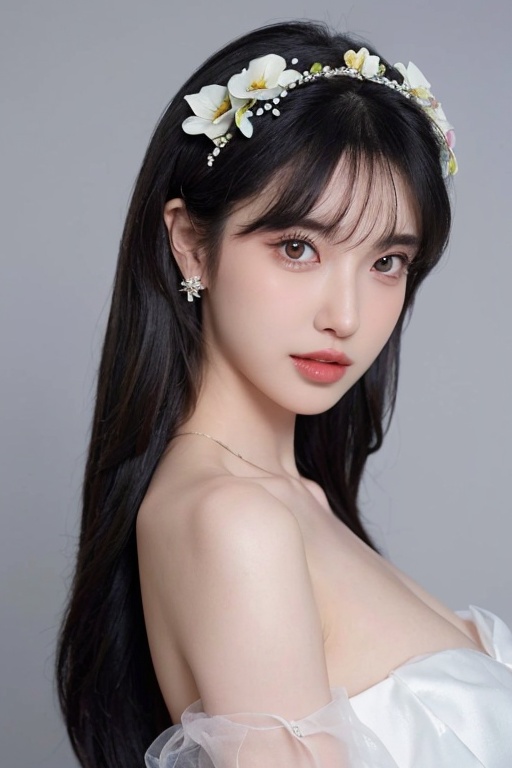 1girl, solo,(front view:1.2),(looking_at_viewer:1.4),(eye-contact:1.4),,black hair, long hair, jewelry, realistic, earrings, hair ornament, black eyes, lips, collarbone, parted lips, flower, watermark, upper body, portrait, hair flower, dress, web address, ,,, <lora:YG红颜阁美女13:0.9>,