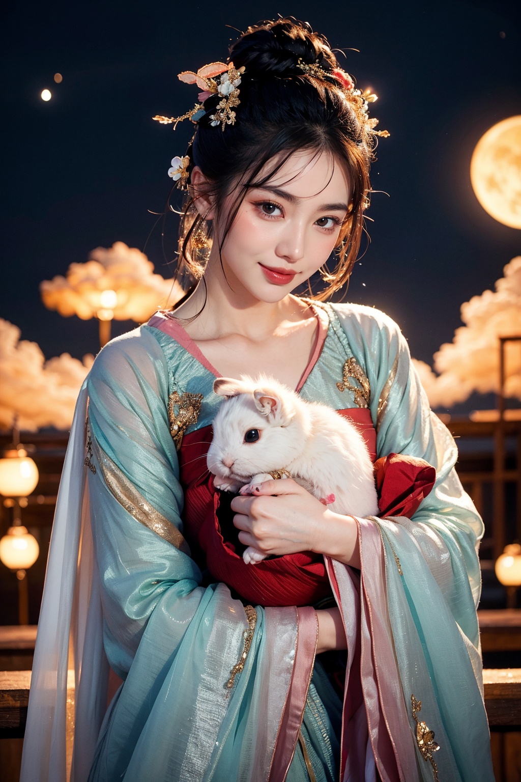 1girl, hair ornament, full moon, cloud, sky,night, chinese clothes, solo, smile, wide sleeves, night sky, long sleeves, nice fingers, flower, hug, hair flower, petals, blush, parted lips, black hair, white bunny, cloudy sky, forehead mark, black eyes, facial mark, updo, artist name, hanfu, hair bun, animal hug, outdoors, surrounded by Chinese lanterns, <lora:中秋节2.0:0.8> 