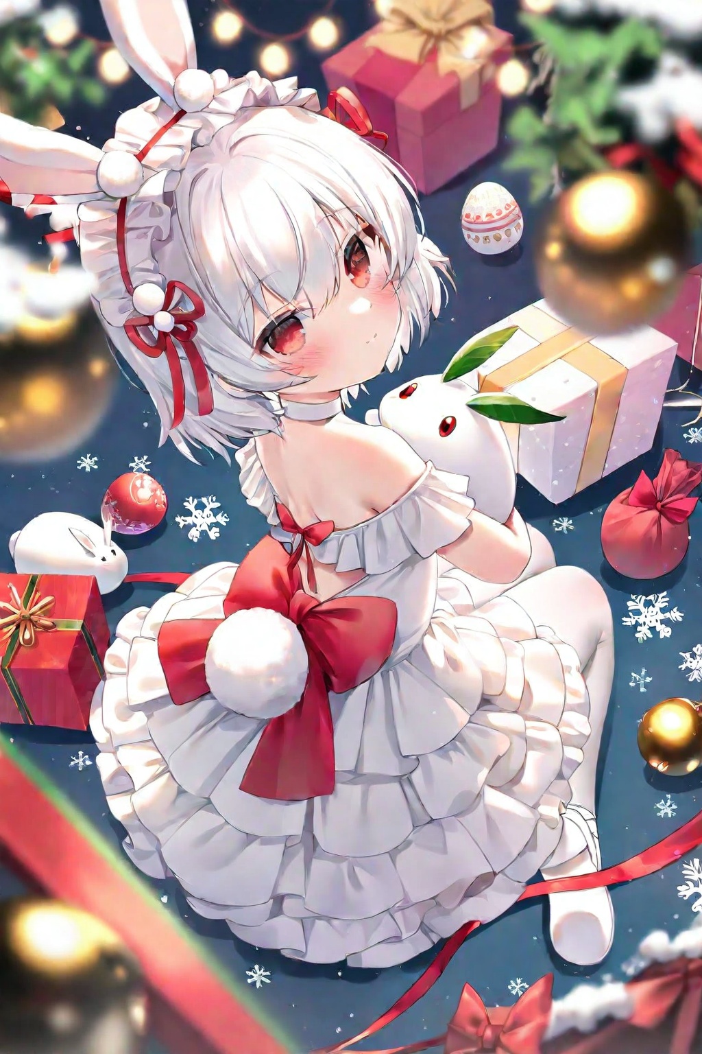 1girl, snow rabbit, red eyes, animal ears, solo, snowflakes, dress, rabbit ears, sitting, white hair, white dress, rabbit, pantyhose, looking at viewer, christmas ornaments, bow, red bow, short hair, holding, white choker, white pantyhose, gift, rabbit tail, looking back, tail, pom pom (clothes), white footwear, box, closed mouth, christmas, ribbon, hairband, red ribbon, hair bow, blush, white hairband, backless dress, animal, rabbit girl, from above, pleated dress, hair ornament, headdress, hair between eyes, backless outfit, from behind, christmas lights, full body, bell, food, easter egg, choker, ballet slippers, frilled hairband, holding animal, shoes, frilled dress, layered dress, gift box, back bow, blurry, easter, frills, snow, fake animal ears, snowflake background, depth of field, bare shoulders, off-shoulder dress, sleeveless dress, pom pom hair ornament, looking up, snowflake print, hair ribbon <lora:ch-000057:1>