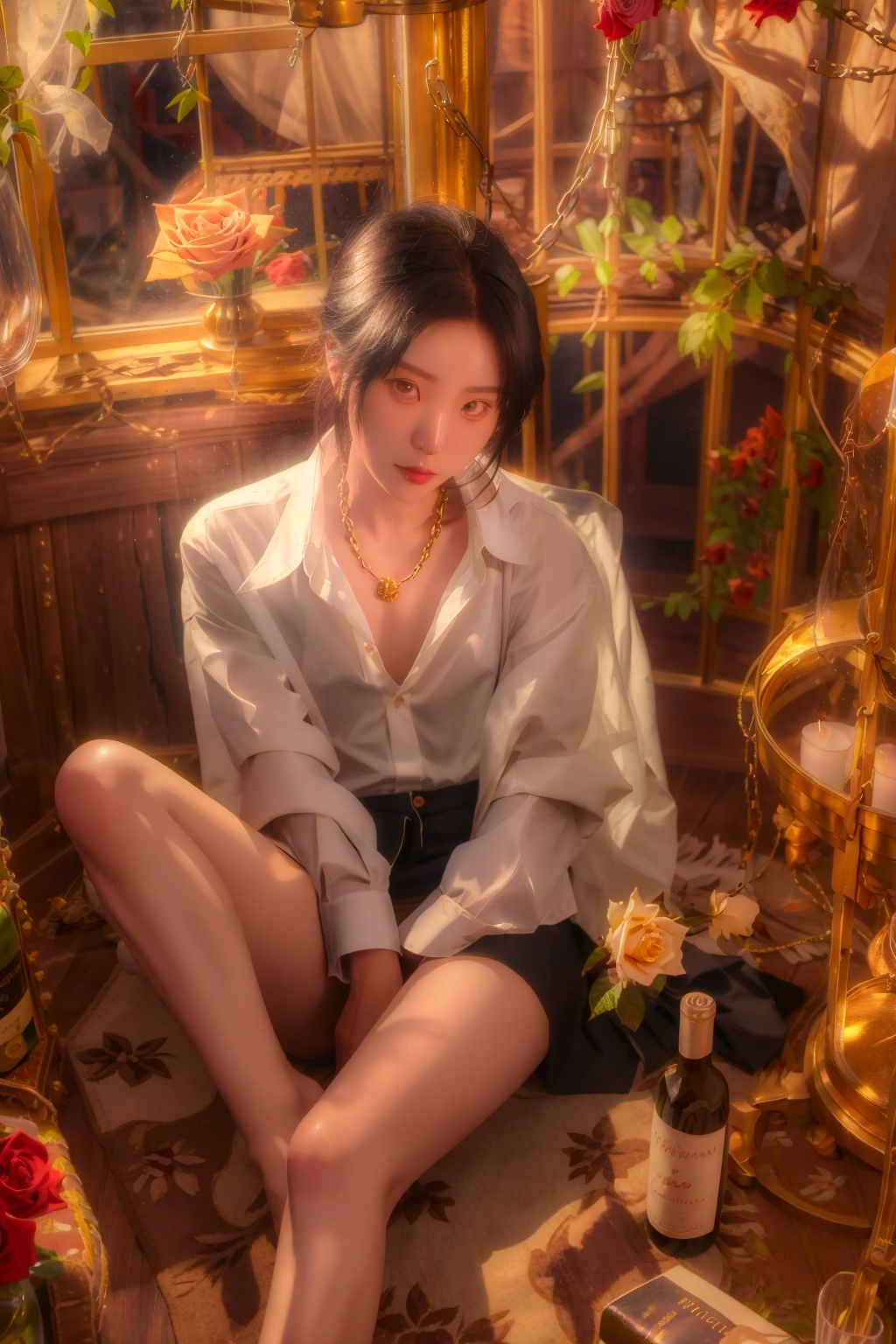 longzhongque,sunlight,magnificent,golden birdcage,shirt,barefoot,bottle,sitting,cage,solo,black hair,white shirt,book,short hair,flower,wine glass,male focus,dark skin,1boy,looking at viewer,naked shirt,indoors,alcohol,wine bottle,collared shirt,1girl,wine,cup,long sleeves,drinking glass,dress shirt,open shirt,plant,window blinds,candle,rose,window,jewelry,from above,between legs,bare legs,open clothes,curtains,closed mouth,petals,hand between legs,chain,<lora:longzhongque_v1_5_512:0.8>,
