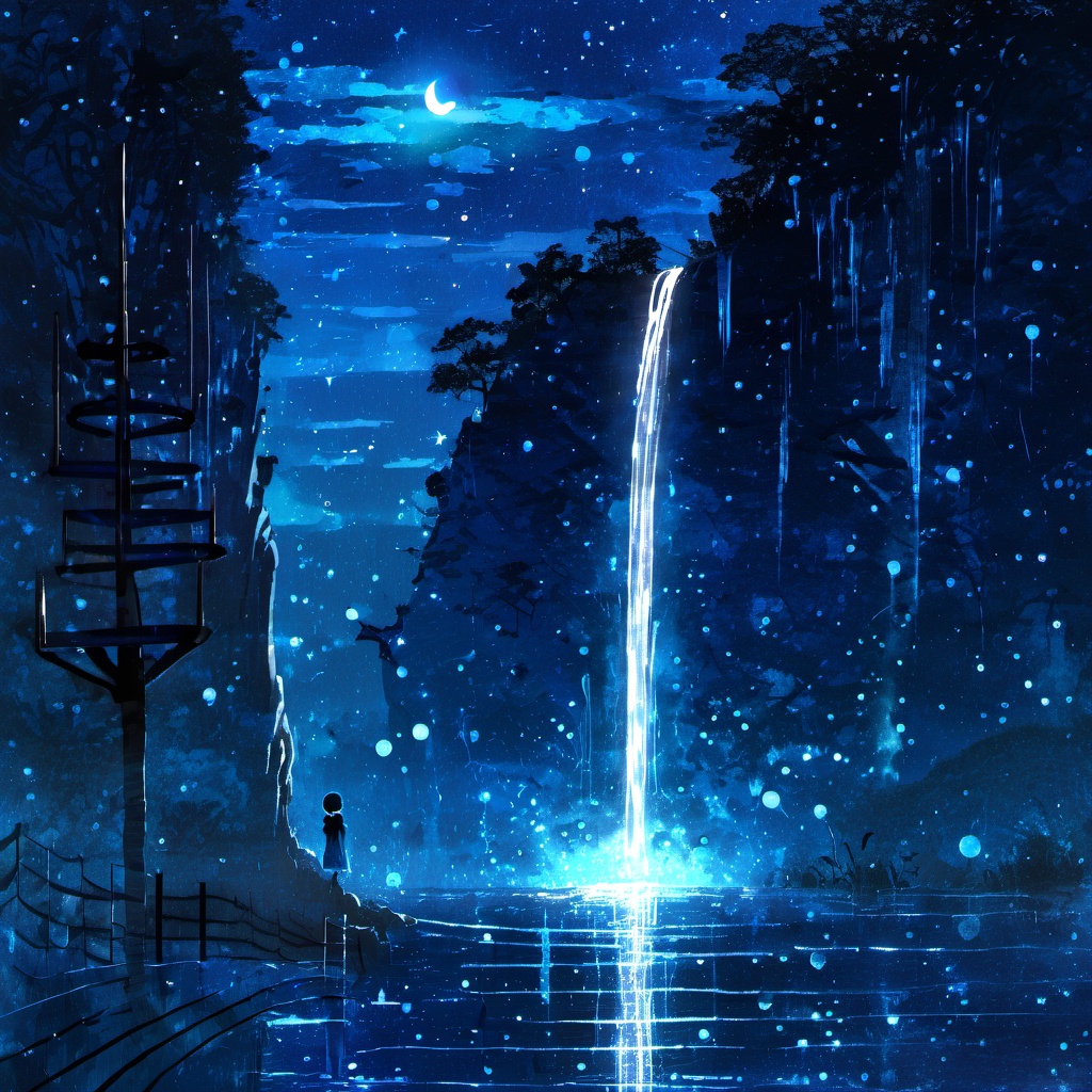 <lora:star_xl_v3:1>,silhouette painting, ethereal ambiance, blue theme, outdoors, sky, cloud, water, star \(symbol\), tree, no humans, night, star \(sky\), night sky, scenery, starry sky, torii, waterfall, shooting star, bubble, water drop, stairs, lamppost, crosswalk, a mystical and ethereal nighttime landscape, a radiant glowing waterfall that cascades down from a high cliff into a serene body of water below. the waterfall is illuminated by a bright and luminous light, mesmerizing, above the waterfall there's a floating translucent structure resembling a ufo or a flying saucer. this structure emits a soft blue glow which contrasting with the darker surroundings., the sky is filled with stars, there are various celestial bodies, a crescent moon and a planet, the landscape is adorned with trees and some of which have glowing orbs attached to them. the entire scene is bathed in a deep blue hue, a dreamy and otherworldly