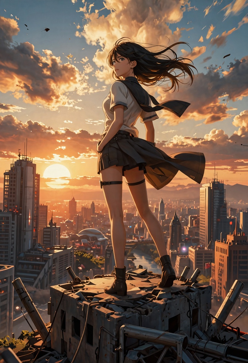 masterpiece,  anime heroine standing atop a ruined building overlooking a futuristic city at sunset,  wind blowing through...