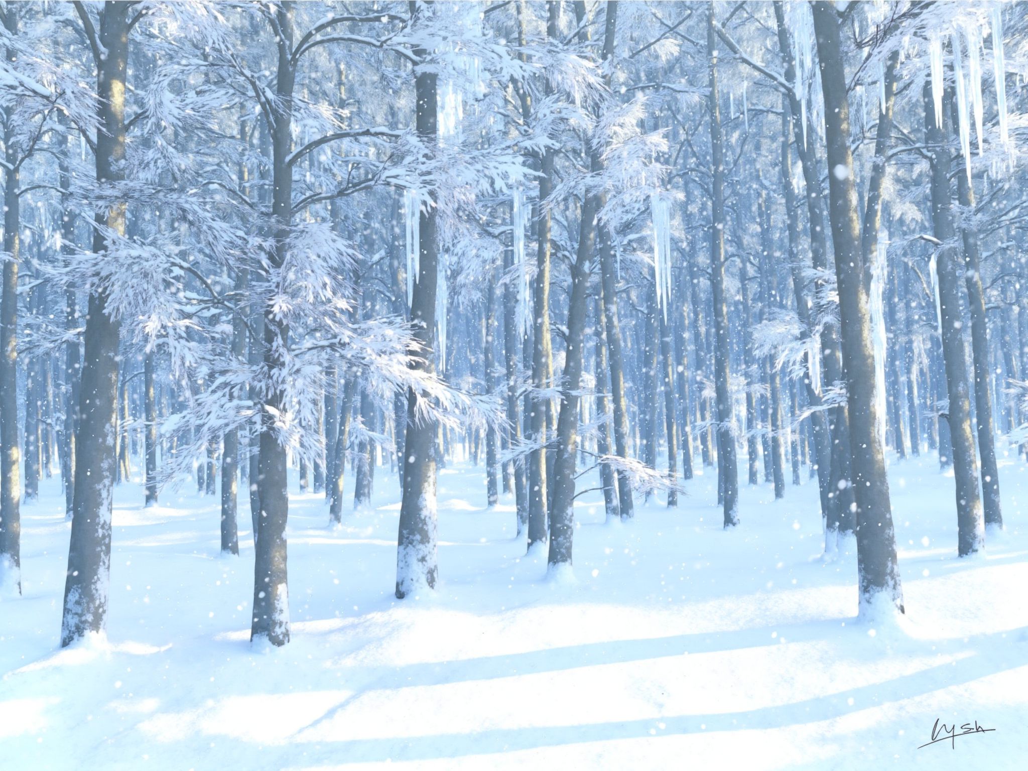 The image is a digital rendering of a snow-covered forest in winter, with the trees laden with snow and icicles hanging from their branches. The ground is a blanket of pristine white, and the only sound is the soft crunch of snow underfoot. The illustration captures the stillness and the stark beauty of a winter landscape <lora:S_BLACKGROUD_:1>