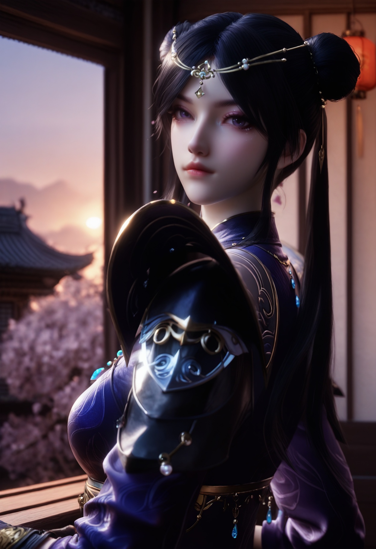 Li_shaoying,1girl,double bun,black hair,hair bun,lantern,long hair,twintails,necklace,hair ornament,gem,circlet,jewelry,<lora:Li_shaoying_10_illu-000006:0.75>,fingerless gloves,chinese clothes,black gloves,purple dress,long sleeves,armor,puffy sleeves,shoulder armor,pauldrons,photorealistic,hyperrealistic,(pale skin:0.9),pale face,<lora:realistic filter [IL]:1>,standing,(upper body:1.2),close up,head shot,lantern,open window,looking at viewer,indoors,mountains,blossoms,flowers,east asian architecture,beautiful sunrise,warm ambient temperature,