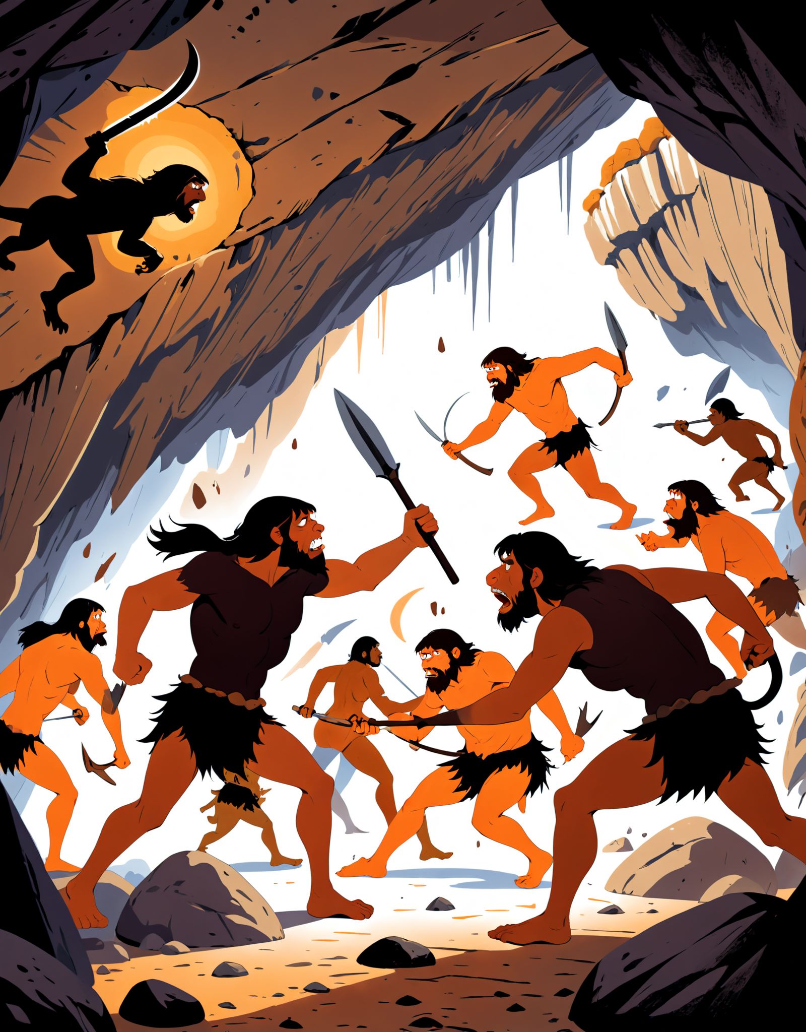 Illustration of Homo sapiens attacking Neanderthals in a prehistoric cave,  with Homo sapiens wielding weapons and Neander...