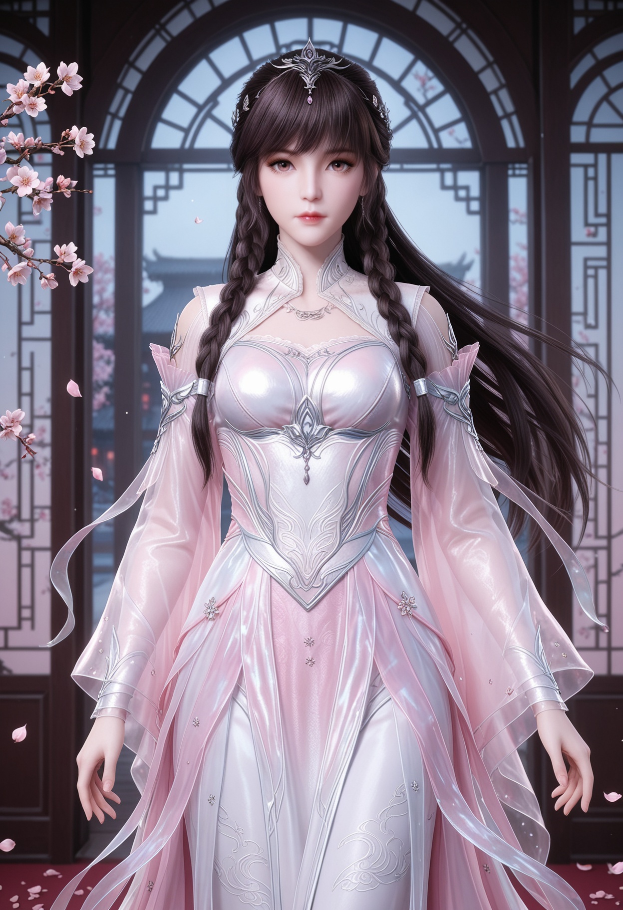 (cowboy shot:1.2),(looking at viewer:1.1),masterpiece,(best quality),smog,Dark room,dim lighting,peach blossom,falling petals,<lora:YQ_Illustrious光辉v5_小舞_神装1_V1:0.8>,q1528437228,1girl,solo,long hair,braid,dress,brown hair,hair ornament,white dress,jewelry,detached sleeves,pink dress,tiara,black hair,long sleeves,brown eyes,necklace,earrings,twin braids,pink eyes,collar,shoes,high heels,white footwear,