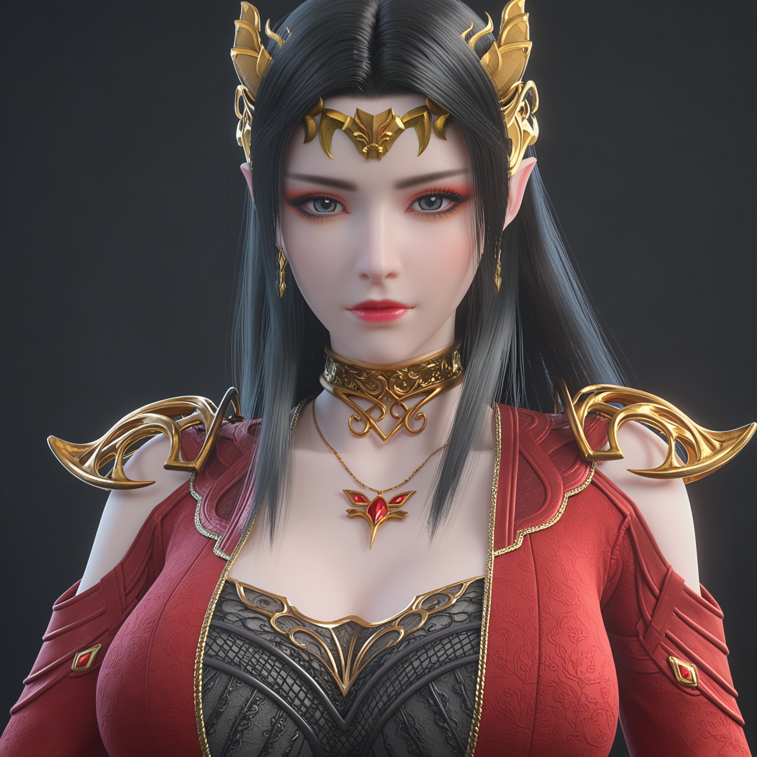 <lora:YQponmeidushaV2:0.8>,q1528437228,solo,1girl,long_hair,black_hair,jewelry,pointy_ears,earrings,necklace,hair_ornament,dress,red_dress,navel,brown_hair,choker,high_heels,realistic,cleavage,colored_skin,tiara,long_sleeves,clothing_cutout,armor,grey_eyes,black_eyes,skirt,side_slit,shoulder_armor,eyeshadow,BREAK score_9,upper_body,portrait,shiny_skin,looking at viewer,cinematic lighting,volumetric lighting,solo focus,(huge breasts:0.9),(simple background,pure black background,black background:1.1),
