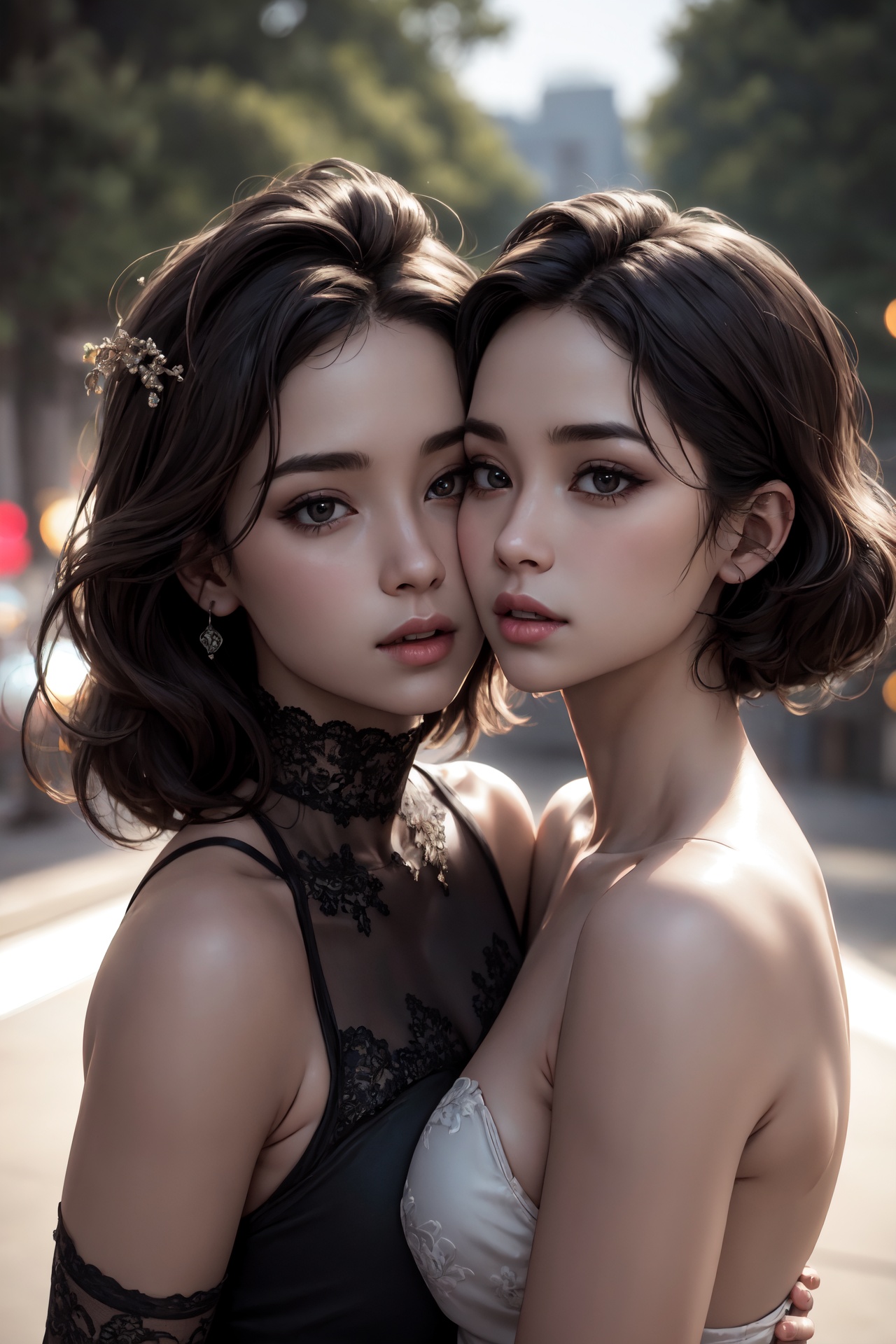 ((8k, best quality, masterpiece, Rule of thirds)), ((light play, shadow play, intricate shading)), ((PA7_Enhancer-04, shiny, reflective, glamour photography)), ((2girls kissing)), <lora:CyberpunkStyleV3:0.4>