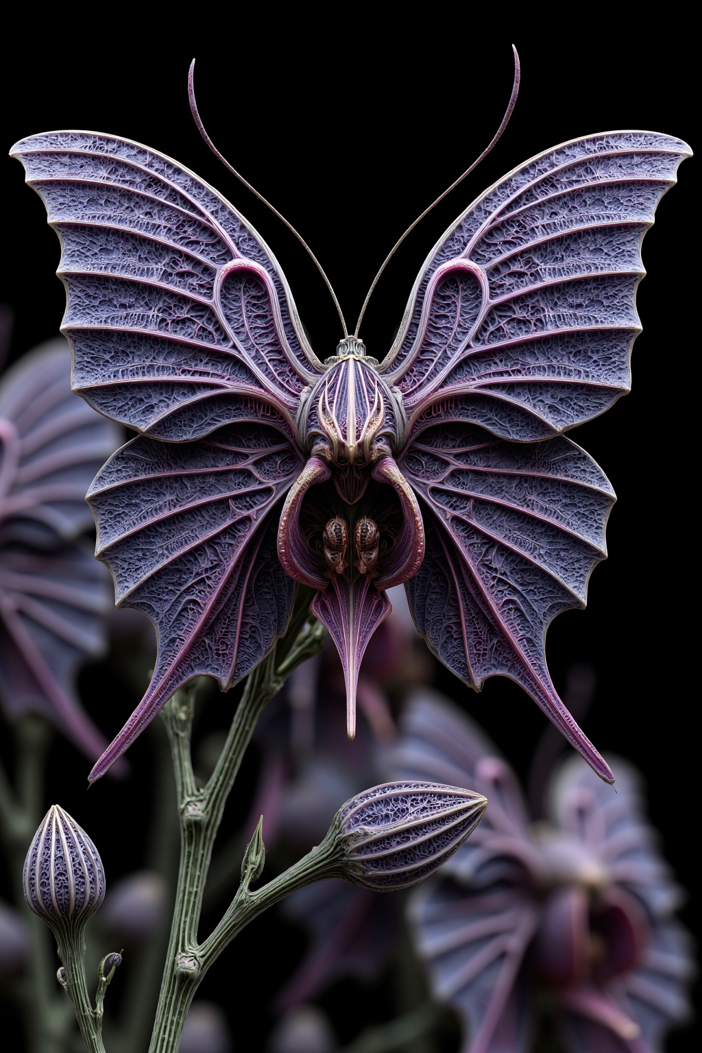 beijihui,A close-up,eye-level view of a purple butterfly,with a black background. The butterfly's wings are a vibrant shade of purple,and the butterfly's body is adorned with a intricate intricate pattern of lines and shapes,adding a touch of depth to the image. The moth's eyes are a darker shade of brown,while the stem is a lighter shade of green. The background is a solid black,creating a stark contrast to the moth's wings.,