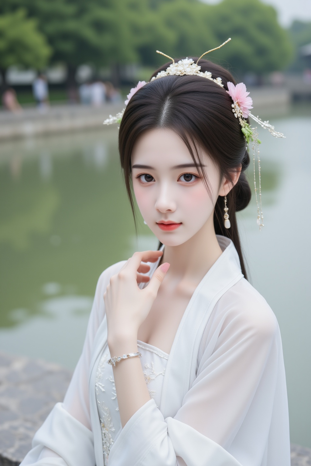 cinematic photo 1girl, teenage, jewelry, dress, long hair, hair ornament, earrings, solo, closed mouth, bracelet, black hair, brown eyes, collar, white dress, looking at viewer, upper body, chinese clothes, outdoors, river