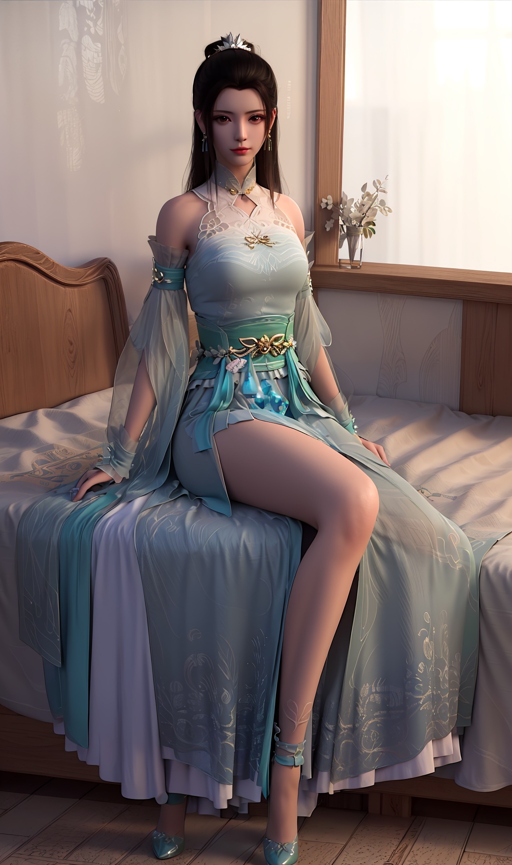 3D,masterpiece,(best quality),(makeup),official art, extremely detailed cg 8k wallpaper,((crystalstexture skin)), (extremely delicate and beautiful),(highly detailed),(face),(collar),(hair_bun),(1girl), (solo), (jewelry), (earrings),(black_hair),(long_hair),(hair_ornament),(handwear),(breasts),((sitting)),(bare_shoulders),(detached_sleeves),(full_body,whole_body),(long_dress),(long_skirt),(shiny_clothes),(city,indoor,bed),,(chinese_clothes),(multicolored_clothes),(multicolored_dress),(sash),(legs),,((looking_at_viewer)),((Facing the camera)),(shoes),, <lora:hipoly3DModelLora_v10:0.3>