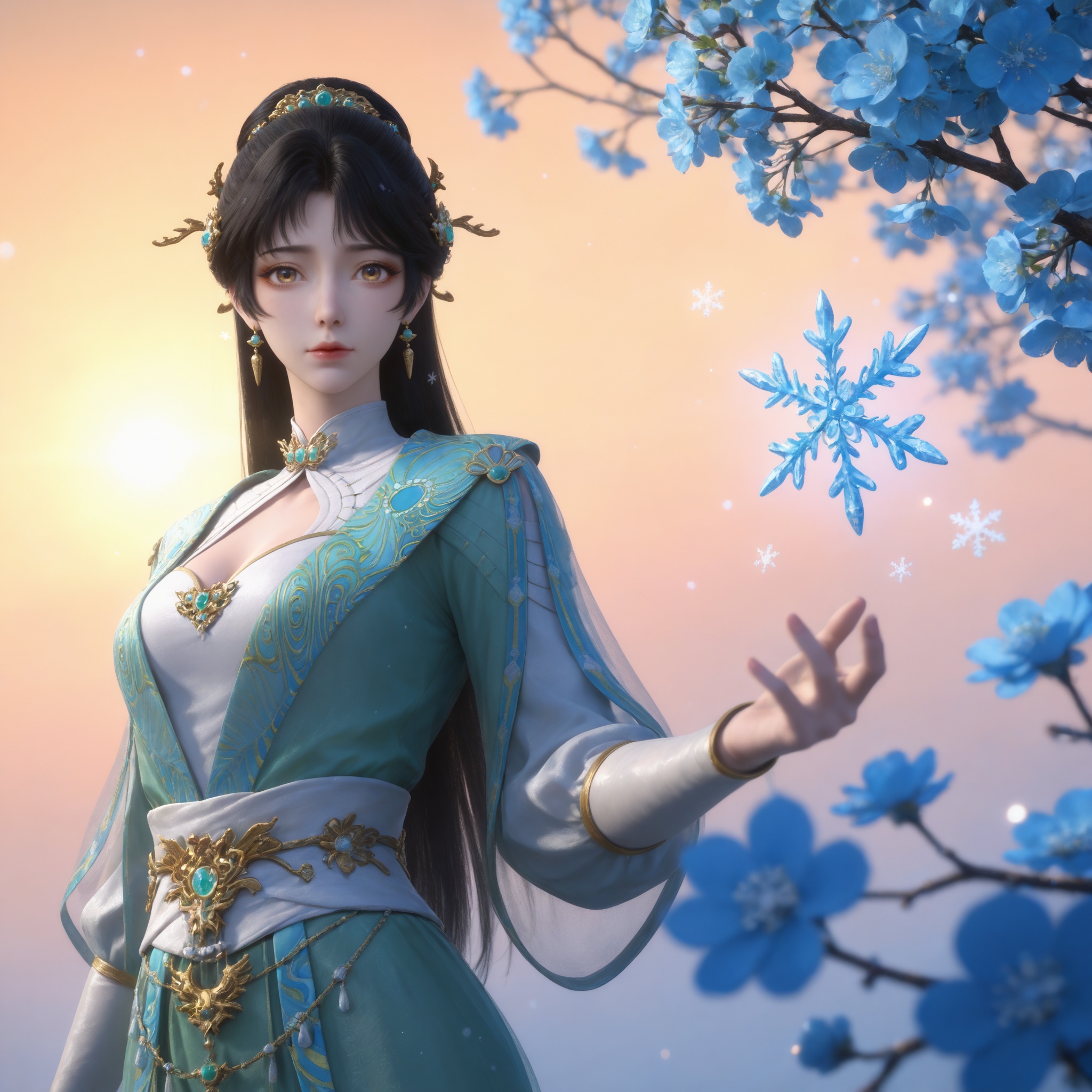 Nai3 style,realistic style photo,outstanding style,Use soft lighting to cast gentle shadows on the subject,adding a touch of dimension to your images without compromising details,whirls of vapor,(Anime:1.1),soft neon light,ethereal ambiance,delicate details,magical atmosphere,concept art,highly detailed,ultra-high resolution,32K UHD,sharp focus,best-quality,masterpiece,golden hour,unconventional supreme masterpiece,masterful details,temperate atmosphere,with a high-end texture,in the style of fashion photography,magazine style,Dynamic Angle,Dynamic posture,magazine style,Dynamic Angle,Dynamic posture,(cowboy_shot:1.2),eye trail,depth of field,cinematic lighting,lens flare,close-up,extreme aesthetic,(wlop:0.6),(honjou raita,lack,rella,wanke:0.5),masterpiece,best quality,good quality,newest,year 2025,very aesthetic,absurdres,Visual impact,A shot with tension,ultra-high resolution,32K UHD,sharp focus,best-quality,masterpiece,Emotionalization,unconventional supreme masterpiece,masterful details,temperate atmosphere,with a high-end texture,in the style of fashion photography,(Visual impact:1.2),giving the poster a dynamic and visually striking appearance, <lora:九阳武神-苏青洛IL:0.7> 1girl, black hair, long hair, hair ornament, jewelry, hair bun, green dress, long sleeves, cleavage cutout, sash, white footwear, chinese clothes, earrings, solo,  upper body, blue flower, looking at viewer, snowflakes, closed mouth, branch,