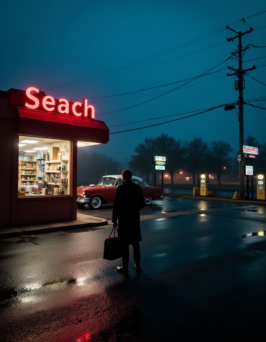 professional photography. Grain. nighttime gas station scene. The scene is set in a dimly lit,  deserted area,  with a dar...