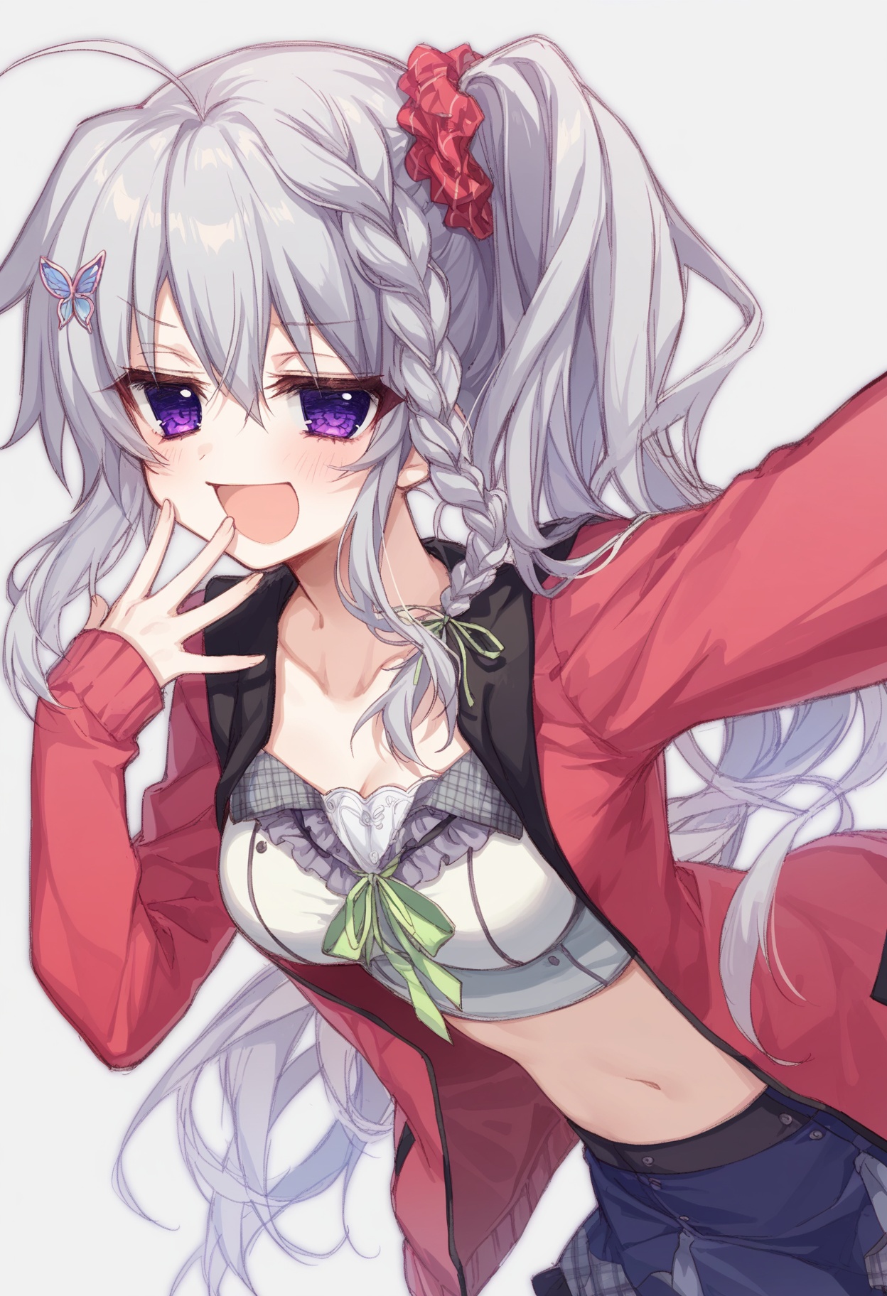 niimi sora, nimi_sora, 9-nine-, <lora:soraxl_noob:0.6>, year 2023, 1girl, :d, ahoge, blue skirt, blush, braid, breasts, bright pupils, butterfly hair ornament, cardigan, cleavage, collarbone, cowboy shot, crop top, frilled shirt, frills, green ribbon, grey hair, hair between eyes, hair ornament, hair ribbon, hair scrunchie, hand up, jitome, long hair, long sleeves, looking at viewer, navel, official alternate costume, open cardigan, open clothes, open mouth, purple eyes, red cardigan, red scrunchie, ribbon, scrunchie, shirt, side ponytail, sidelocks, simple background, single braid, skirt, smile, smug, solo, very long hair, white background, white shirt, best quality, amazing quality, very aesthetic, absurdres, artist:hachio81, artist:kumeki_(kk4615), [[[artist:gishiki_(gshk), akakura, artist:ciloranko, artist:tekito_midori, (artist:ningen_mame:0.4), (artist:hxxg:0.7)]]]