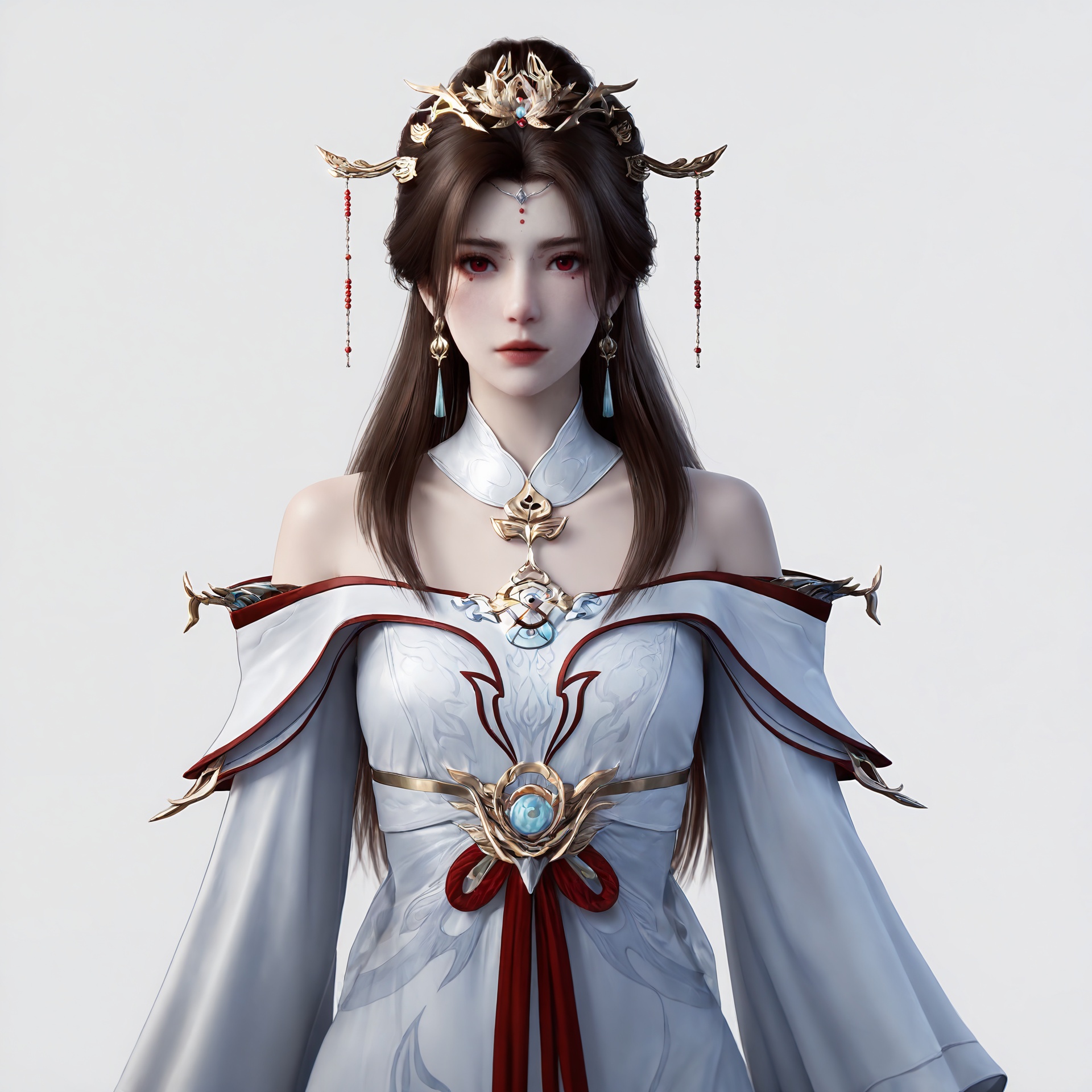 masterpiece,best quality,amazing quality,very aesthetic,high resolution,ultra-detailed,absurdres,(shiny_skin:0.6),(realistic:1.2),photorealistic,(fair_skin:1.2),pale_skin,looking_at_viewer,lvjing,<lora:姚惜雪-000015:0.6>,red eyes,1girl,dress,white dress,solo,hair ornament,jewelry,facial mark,forehead mark,bare shoulders,long hair,brown hair,earrings,realistic,detached collar,hair bun,long sleeves,upper_body,white_background,simple background,