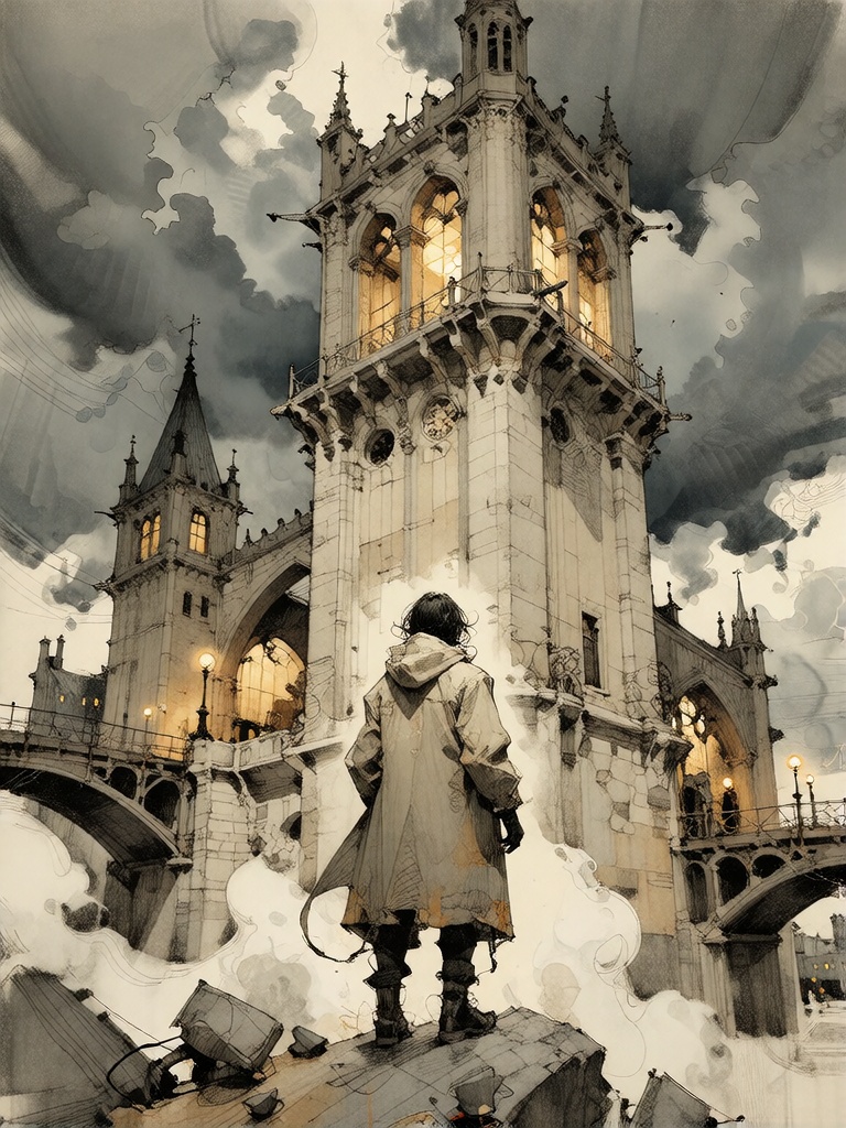 Bradhamel art style. A lone figure in a long,  weathered cloak stands on a rocky outcrop,  gazing upward at an immense on...