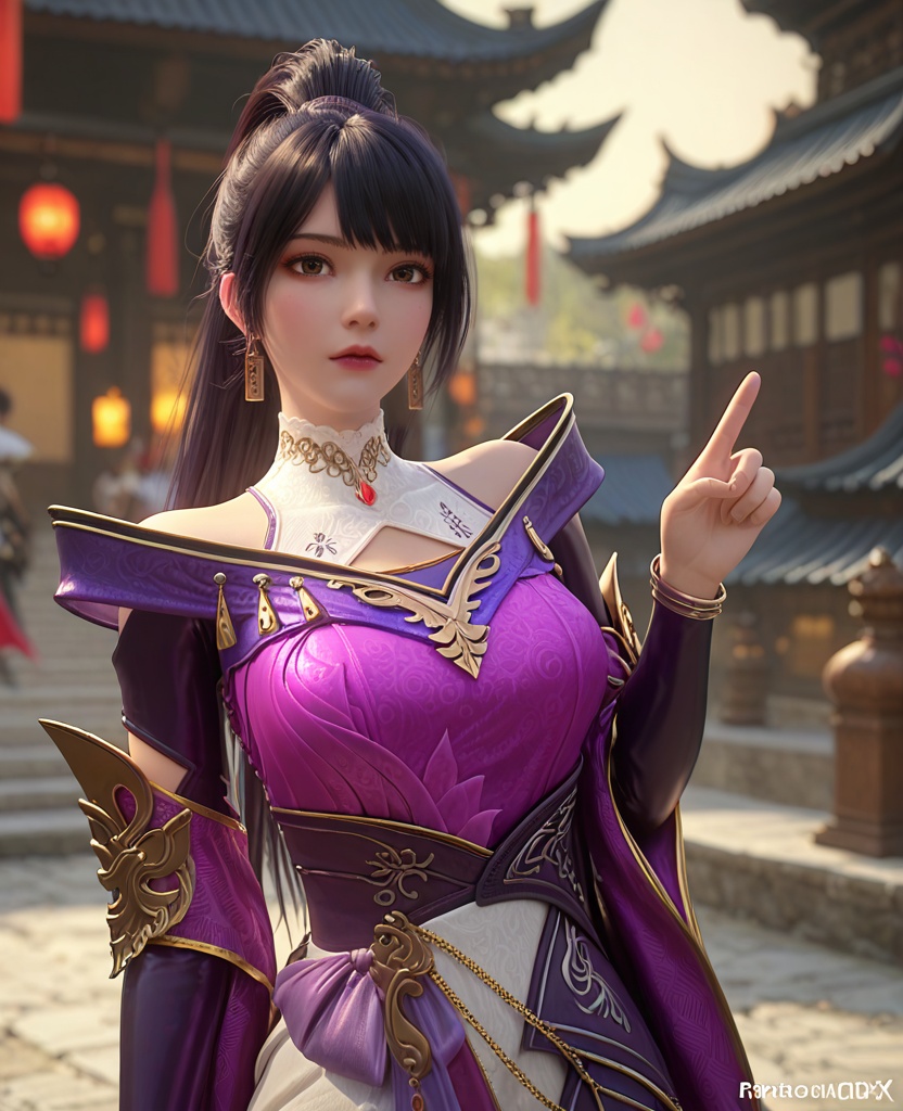 (oriental architecture, elegant decor, sophisticated style:1.1),(pointing at viewer:1.1),(breasts:1.2),<lora:XL百炼成神莫雨馨:0.95>,miss moyuxin,black hair,jewelry,mole,ponytail,earrings,armor,long hair,purple armor,bangs,large breasts,, zPDXL2, score_9, score_8_up, score_7_up BREAK realistic, masterpiece,best quality, highly detailed,, zPDXL3, zPDXL2,zPDXL, zPDXLxxx, zPDXLrl,
