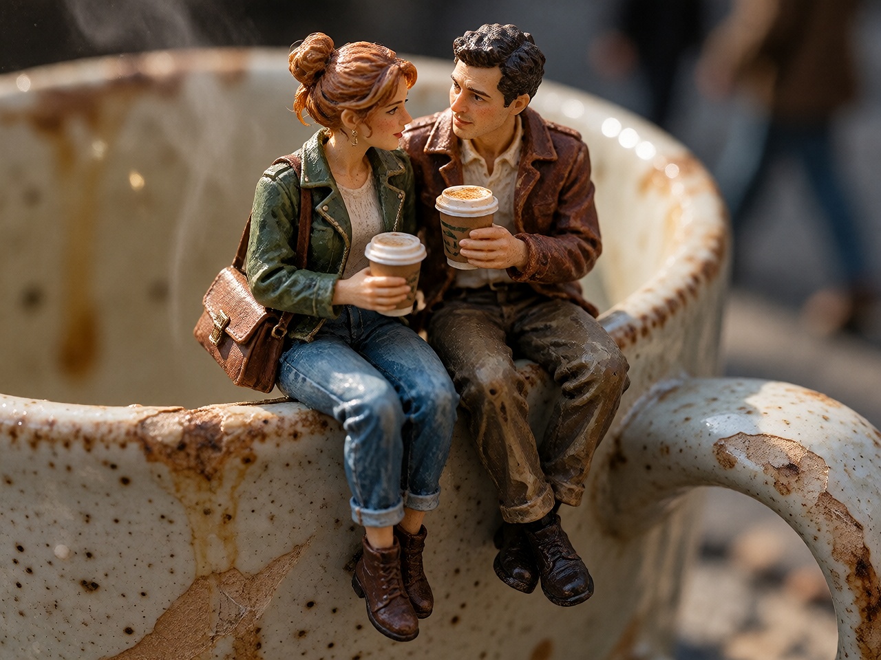 1. A tiny painted human figurine couple sharing a takeaway coffee while sitting on the curved rim of a chipped ceramic mug...