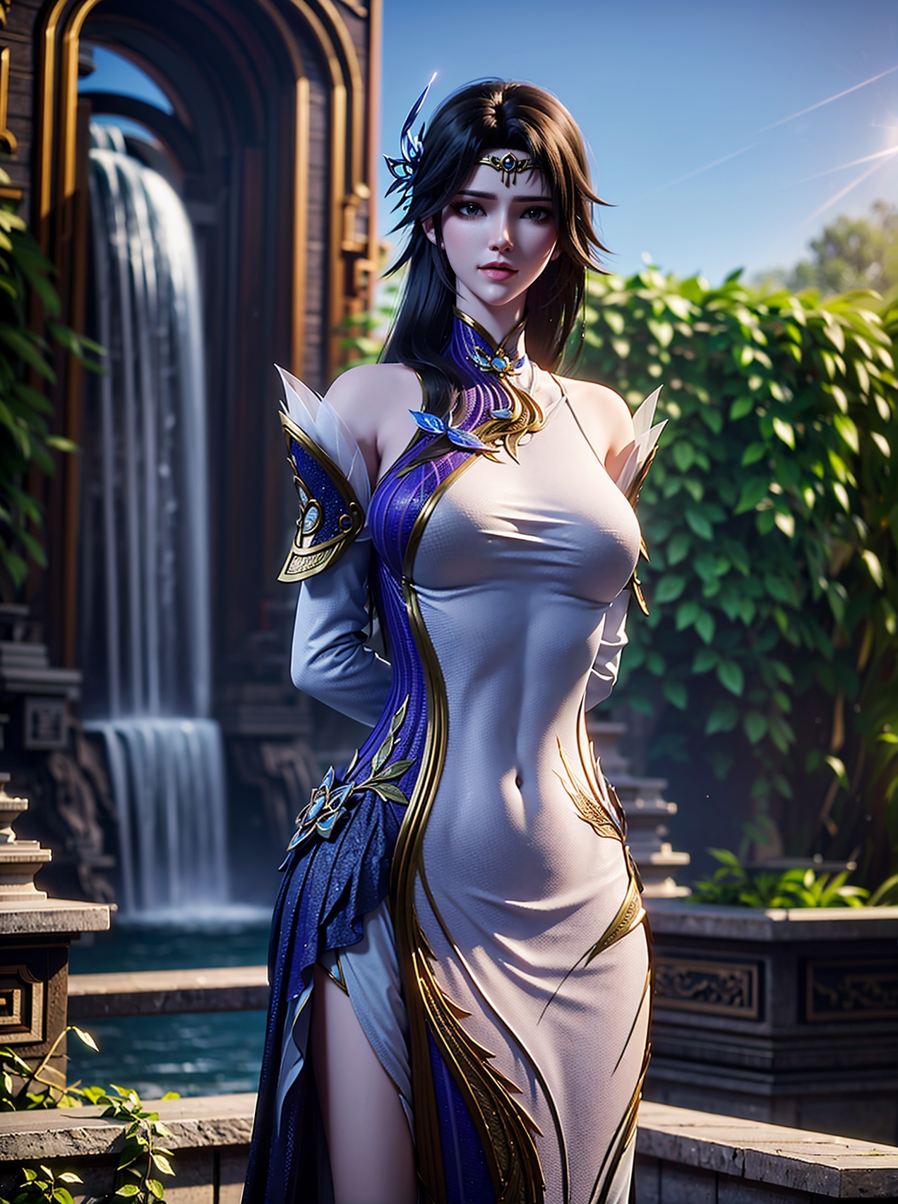 1girl,solo,closed mouth,hair ornament,forehead jewelry,china dress,(arms behind back),(looking at viewer),outdoors,((architecture,garden)),((nature,plant,vines:1.3,waterfall:1.2)),sky,cloud,((sunlight)),((glowing)),blurry background,depth of field,((cowboy shot)),3d,game cg,Highly detailed,(best quality:1.5,masterpiece:1.5),<lora:20250113-1736790602743-000010:0.8>,xuanyi,