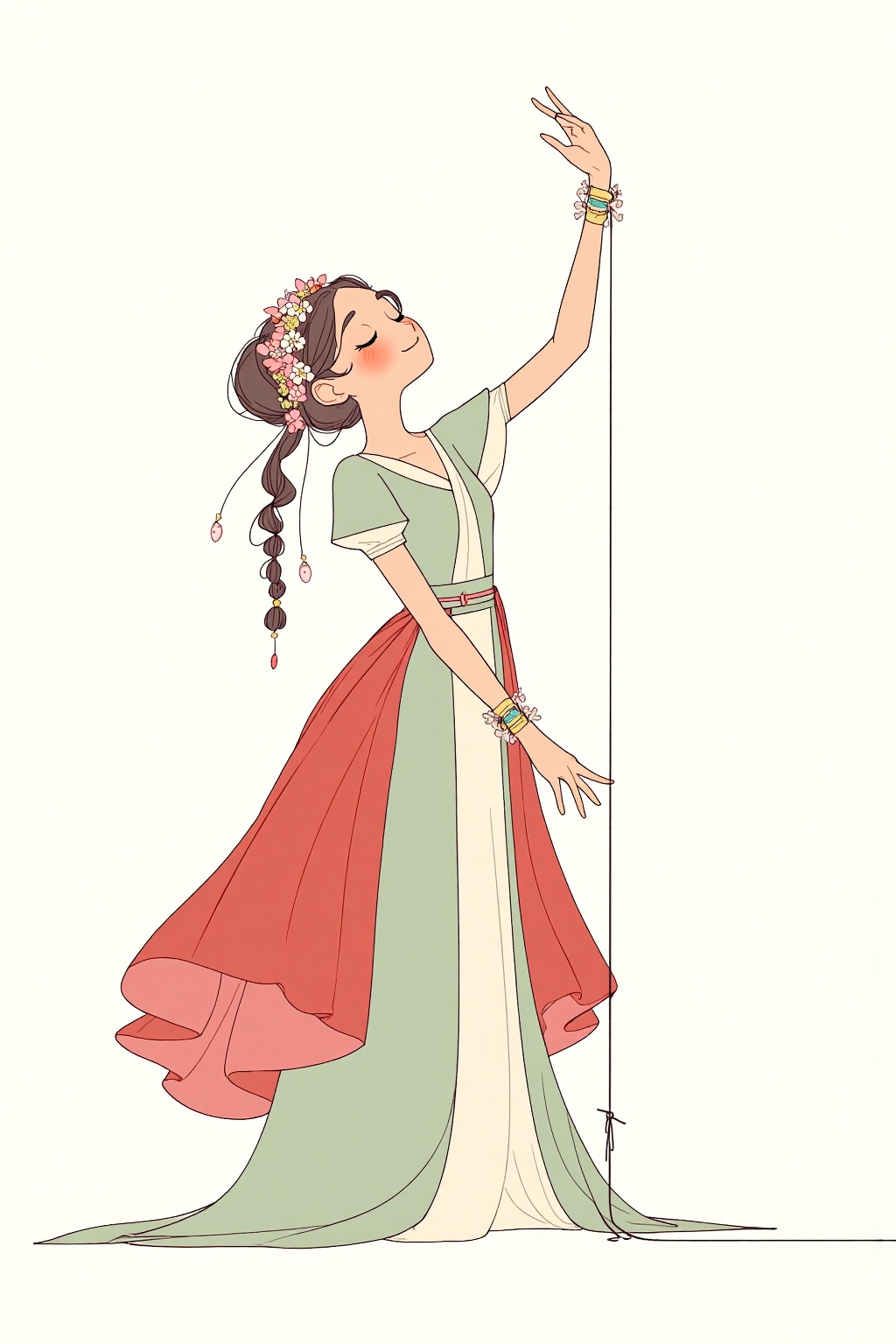 beijihui,A cartoon drawing of a woman wearing a green dress and a red skirt. The woman has her eyes closed and her hair is styled in a ponytail with flowers on it. Her hair is tied up in a bun. She is standing in front of a white background. Her dress is a light green color and she is holding a string in her right hand. Her left hand is raised up in the air. Her right hand is resting on a string that is attached to her right wrist. The string is a dark green color.,