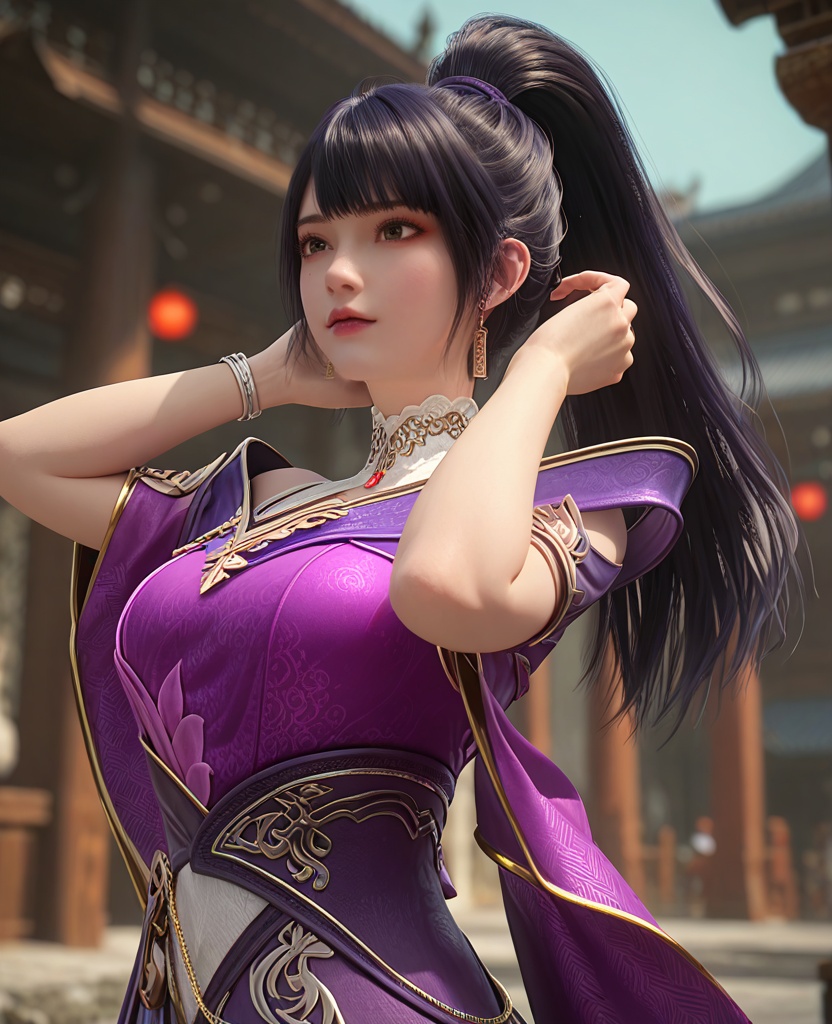 (oriental architecture, elegant decor, sophisticated style:1.1),(Posing with hands on head, fingers interlocked,:1.1),(breasts:1.2),<lora:XL百炼成神莫雨馨:0.95>,miss moyuxin,black hair,jewelry,mole,ponytail,earrings,armor,long hair,purple armor,bangs,large breasts,, zPDXL2, score_9, score_8_up, score_7_up BREAK realistic, masterpiece,best quality, highly detailed,, zPDXL3, zPDXL2,zPDXL, zPDXLxxx, zPDXLrl,