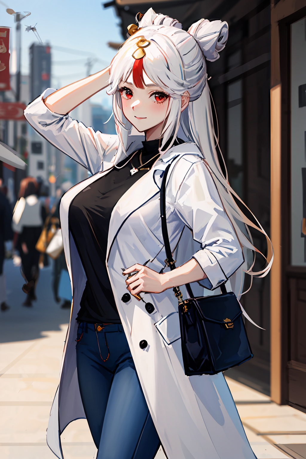 1girl,ningguang,(genshin impact),solo,eyewear on head,smile,sunglasses,looking at viewer,blurry background,bag,hair bun,red eyes,white hair,long sleeves,coat,open clothes,black t-shirt,trench_coat,single hair bun,sidelocks,brown coat,closed mouth,parted bangs,large breasts,very long hair,from side,alternate costume,hair ornament,blush,arm up,contemporary,casual,shoulder bag,half updo,<lora:ningguang-000004:1>,jeans,