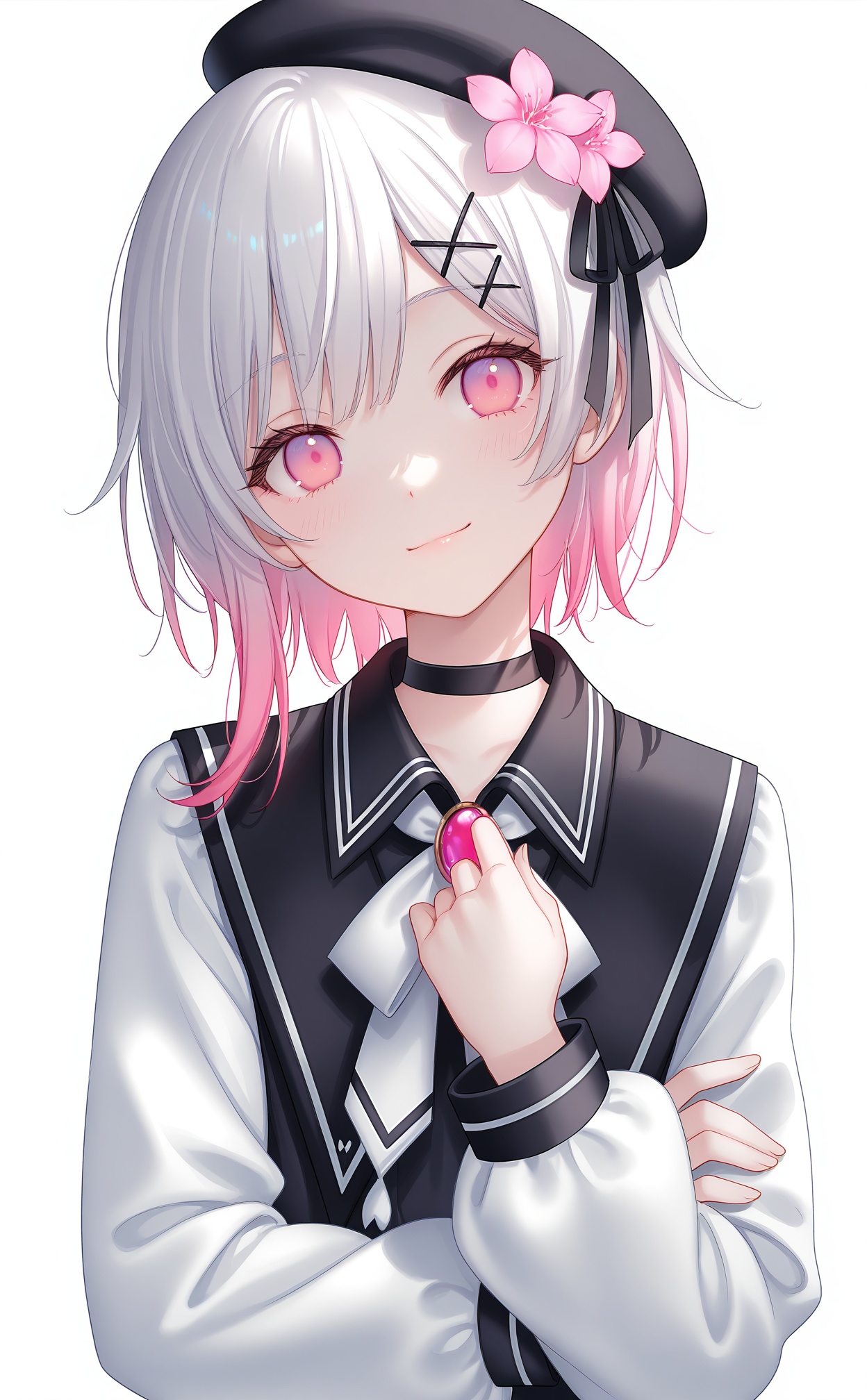 masterpiece,absurdres,best quality,loli,petite,high quality,//,sakuraba_ema,solo,flower,hair_ornament,hat,black_choker,choker,multicolored_hair,1girl,pink_eyes,ribbon,white_background,hair_flower,hand_on_own_chest,shirt,pink_hair,beret,black_ribbon,white_hair,ascot,black_headwear,white_ascot,simple_background,pink_flower,long_sleeves,collared_shirt,black_shirt,looking_at_viewer,upper_body,closed_mouth,smile,colored_tips,neckerchief,hat_ribbon,white_sleeves,brooch,jewelry,hairclip,gradient_hair,hair_ribbon,light_smile,hat_flower,hand_up,medium_hair,white_shirt,x_hair_ornament,head_tilt,virtual_youtuber,two-tone_hair,//,photorealistic,Artist:na-ga,(quasarcake:0.2),(wanke:0.9),[Artist:chen bin],Artist:tidsean,[Artist:sk (askzy)],(artist:tokkyu:0.5),(artist:momoko \(momopoco\):0.5),himitsu_(hi_mi_tsu_2),//,<lora:sakuraba_ema——【noob】hans:0.7>,