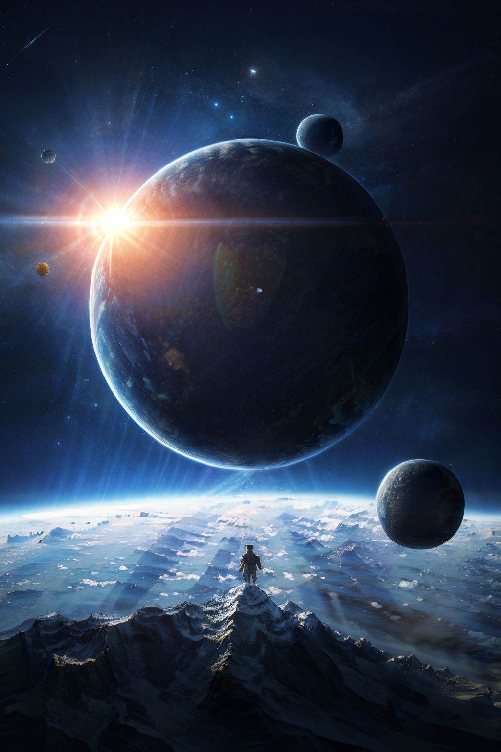 (masterpiece, best picture quality:1.3),realistic,planet,scenery,no humans,planet,sky,star \(sky\),mountain,outdoors,space,lens flare,<lora:planet_20240128144308:0.8>,