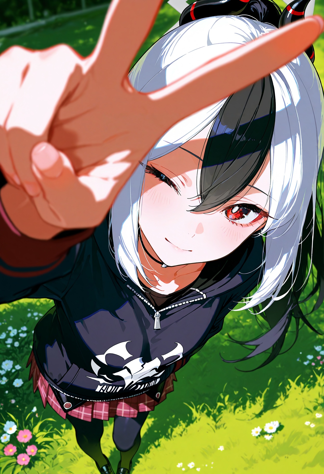 kayoko_\(blue_archive\),1girl,school_uniform,black_pantyhose,long_hair,from_above,v,wink,flower,Grass,puddles,(mika pikazo),(yoneyama mai),(kkia),(le (huanglongen)),(z3zz4),masterpiece,best quality,amazing quality,depth of field,lazypos,lazyup,high detail,subtle,high contrast,colorful depth,chiaroscuro,impasto,(shallow depth of field:1.4),(foreshortening:1.4),dutch angle,dynamic pose,dynamic angle,very long hair,