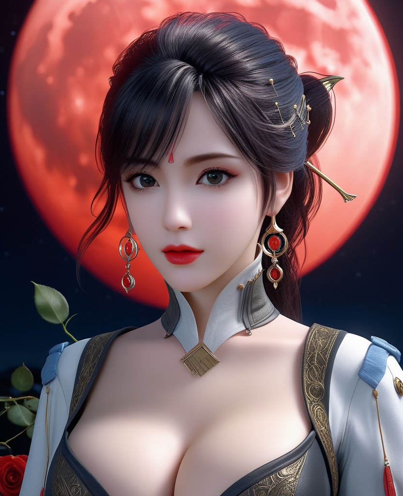 <lora:639-DA-XL-眷思量-须灵犀:0.8>(,1girl, ,best quality, ),looking at viewer,  ,,ultra detailed background,ultra detailed background,ultra realistic 8k cg,, ,masterpiece, (( , )),, ,science fiction,mole, ,    ,red moon, black rose,     (cleavage), (),