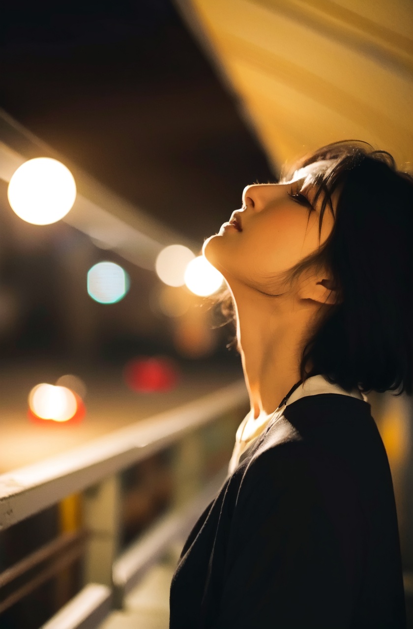 masterpiece,best quality,absurdres,1girl,solo,looking up,blurry,night,black hair,depth of field,bokeh,Overpass,upper body,from side,night,dark,