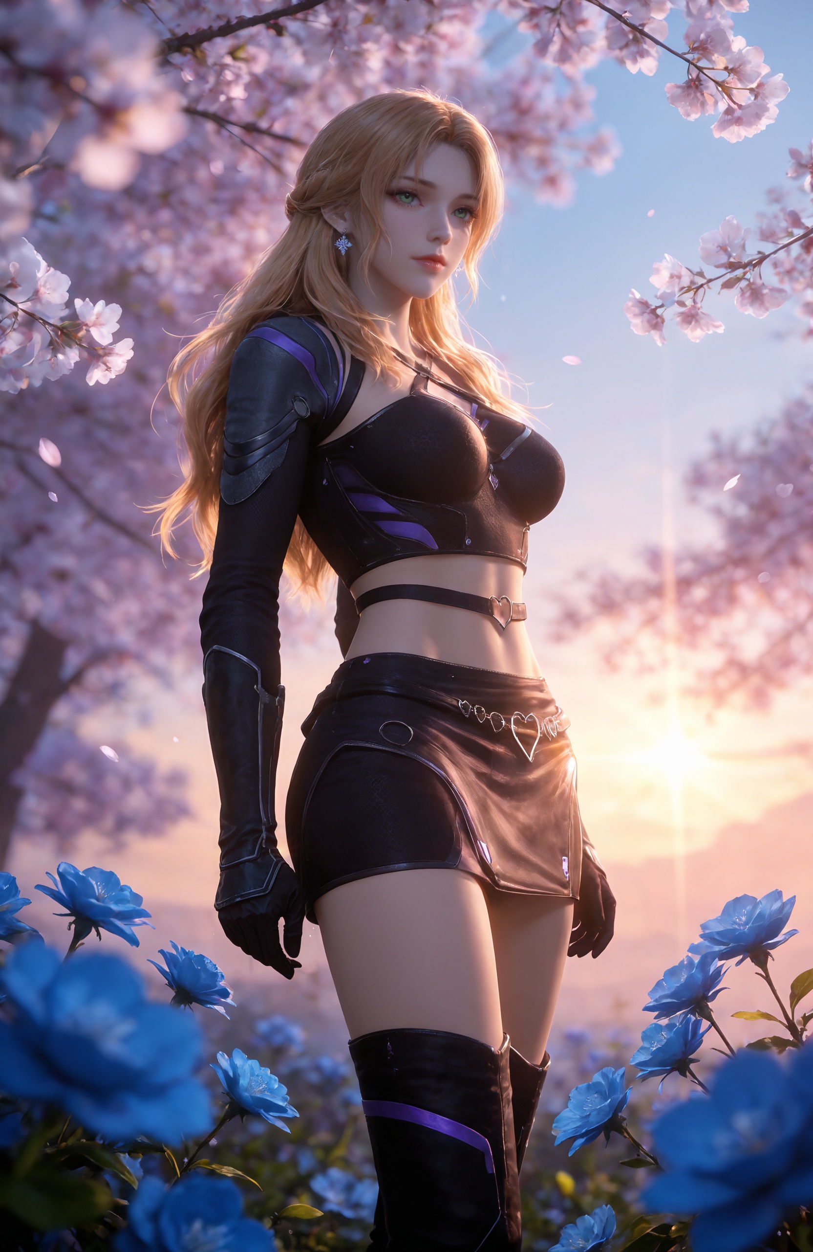 <lora:吞噬星空-珍妮特IL:0.7> 1girl, long hair, blonde hair, earrings, green eyes, crop top, midriff, black gloves, armor, miniskirt, navel, black skirt, black footwear, knee boots, realistic style photo,outstanding style,Use soft lighting to cast gentle shadows on the subject,adding a touch of dimension to your images without compromising details,whirls of vapor,(Anime:1.1),soft neon light,ethereal ambiance,delicate details,magical atmosphere,concept art,highly detailed,ultra-high resolution,32K UHD,sharp focus,best-quality,masterpiece,golden hour,unconventional supreme masterpiece,masterful details,temperate atmosphere,with a high-end texture,in the style of fashion photography,magazine style,Dynamic Angle,Dynamic posture,magazine style,Dynamic Angle,Dynamic posture,(cowboy_shot:1.2),eye trail,depth of field,cinematic lighting,lens flare,close-up,extreme aesthetic,(wlop:0.6),(honjou raita,lack,rella,wanke:0.5),masterpiece,best quality,good quality,newest,year 2025,very aesthetic,absurdres,Visual impact,A shot with tension,ultra-high resolution,32K UHD,sharp focus,best-quality,masterpiece,Emotionalization,unconventional supreme masterpiece,masterful details,temperate atmosphere,with a high-end texture,in the style of fashion photography,(Visual impact:1.2),giving the poster a dynamic and visually striking appearance,, solo,  upper body, blue flower, looking at viewer, snowflakes, closed mouth, branch,