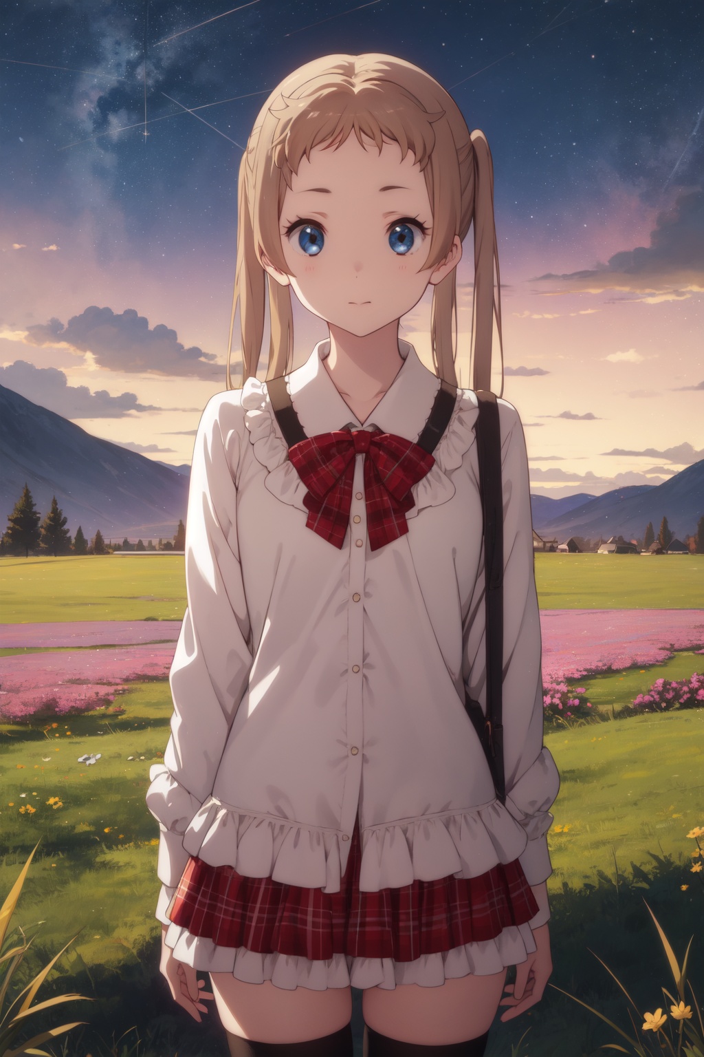 <lora:Sanae-000014:0.8>,Sanae CYQL,1girl,looking at viewer,solo,blonde hair,very long hair,long hair,twintails,brown hair,blue eyes,Ruffled frilled shirt layered under a knitted long skirt with knee-high boots,seductive_smile,upper_body,Meadow, Flowers, Mountains, Grass, Bees, Colors, Serenity, Breeze,(Eucalyptus trees, Red soil, Koalas, Eucalyptus scent, Outback landscape, Aboriginal art:0.5),beautiful detailed sky,beautiful detailed glow,posing in front of a colorful and dynamic background,masterpiece,best quality,beautiful and aesthetic,contrapposto,female focus,wallpaper,