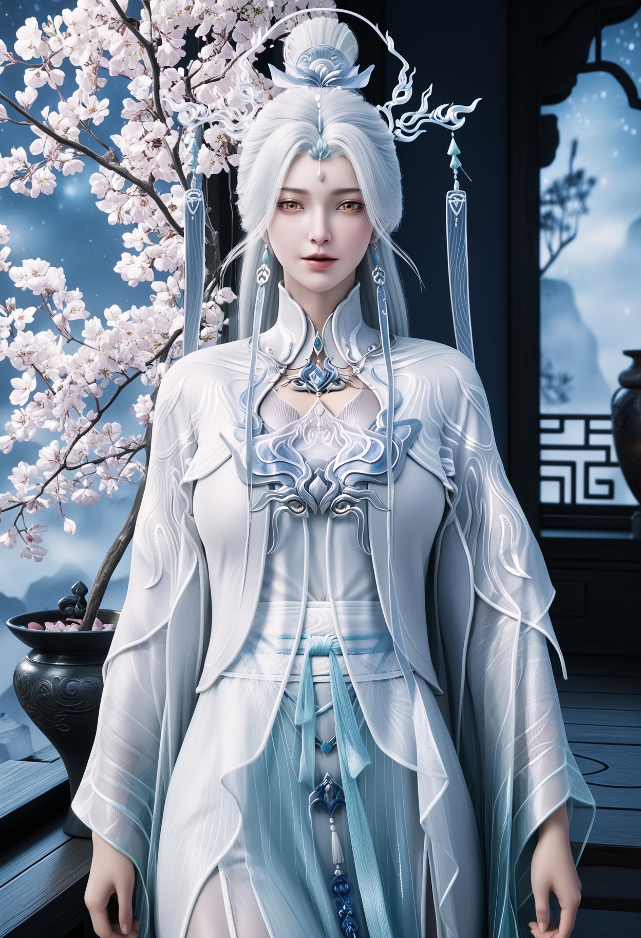 masterpiece,best quality,amazing quality,high resolution,ultra-detailed,absurdres,(looking at viewer:1.1),upper body,(Dark room:1.3),(moody lighting:1.1),peach blossom,falling petals BREAK large breasts,jianma,1girl,solo,white hair,long hair,jewelry,hair ornament,earrings,realistic,dress,chinese clothes,hair bun,white dress,long sleeves,yellow eyes,tassel,wide sleeves,barefoot BREAK photorealistic details,<lora:QQSilljianmaV1:0.8>,