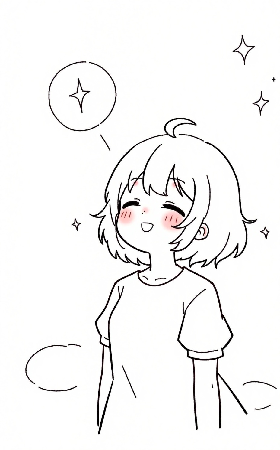 Hand-drawn comics,Hand-drawn comics,black and white line-patterned ( star (symbol), 1girl, short sleeves, sfw, looking up, short hair, original, simple background, blush, closed mouth, solo, eyebrows visible through hair, dress, smile, looking to the side, short puffy sleeves, puffy sleeves, short puffy sleeves, starry sky, sky, hair between eyes, bangs, upper body, looking afar, closed eyes, shirt, light rays, white shirt, upper teeth, teeth, smiley face, day),