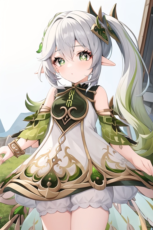 (masterpiece, best quality:1.2),insanely detailed,absurdres,ultra-highres,ultra-detailed,best quality,slender,kawaii,perfect symmetrical face,ultra cute girl,ultra cute face,ultra detailed eyes,ultra cute,ultra beautifu,toeless legwear,nahida \(genshin impact\),1girl,solo,loli,symbol-shaped pupils,1girl,solo,loli,white dress,bare shoulders,side ponytail,hair ornament,jewelry,bracelet,detached sleeves,sleeveless dress,bloomers,<lora:nahida-000008:1>,+_+,adjusting hair,outdoors,standing,