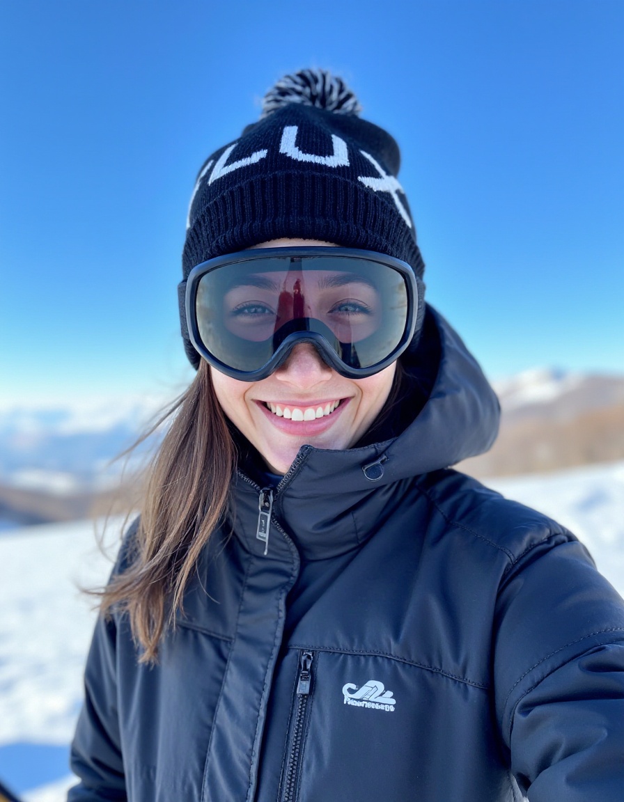 The image shows a person dressed in winter sports gear,including a black beanie with the word "FLUX" on it and a pair of goggles. happy,They are standing on a snowy landscape with a clear blue sky in the background. The person appears to be preparing for or taking a break from snowboarding,as suggested by the presence of a snowboard in the foreground. The overall scene conveys a sense of adventure and outdoor activity in a cold,mountainous environment,